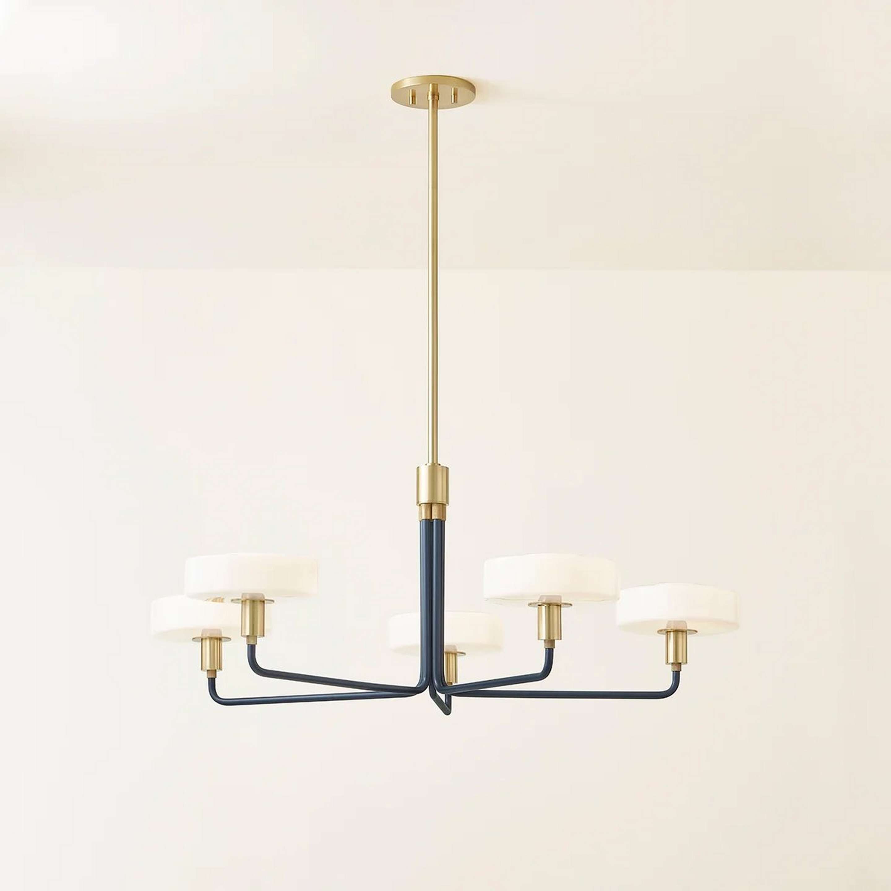 A Nikola Chandelier - 5 Light with Brass / Slate Blue / White Glass color