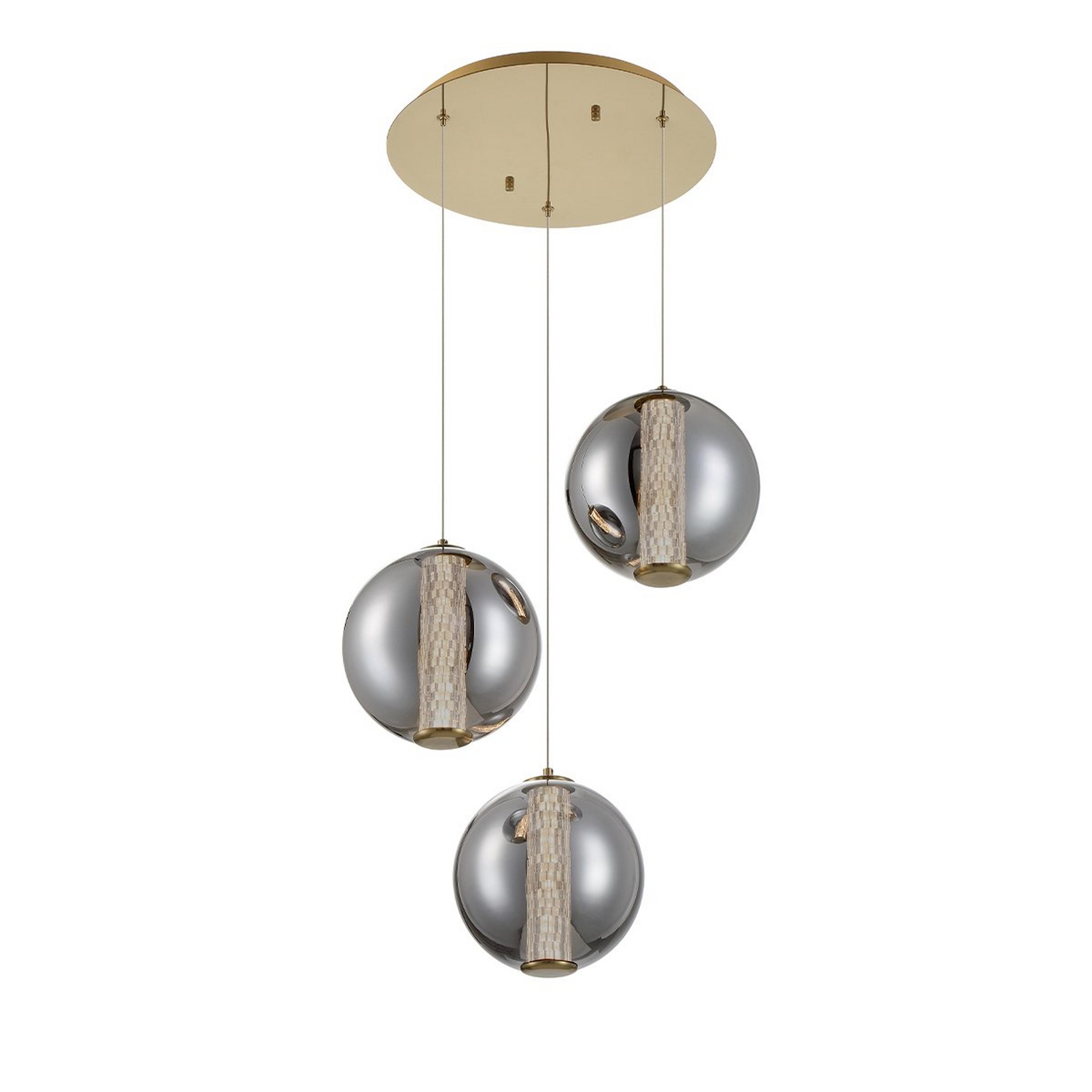 A Spectrogram LED Chandelier - 3 Light - Smoke with Aged Gold / Smoke Glass color