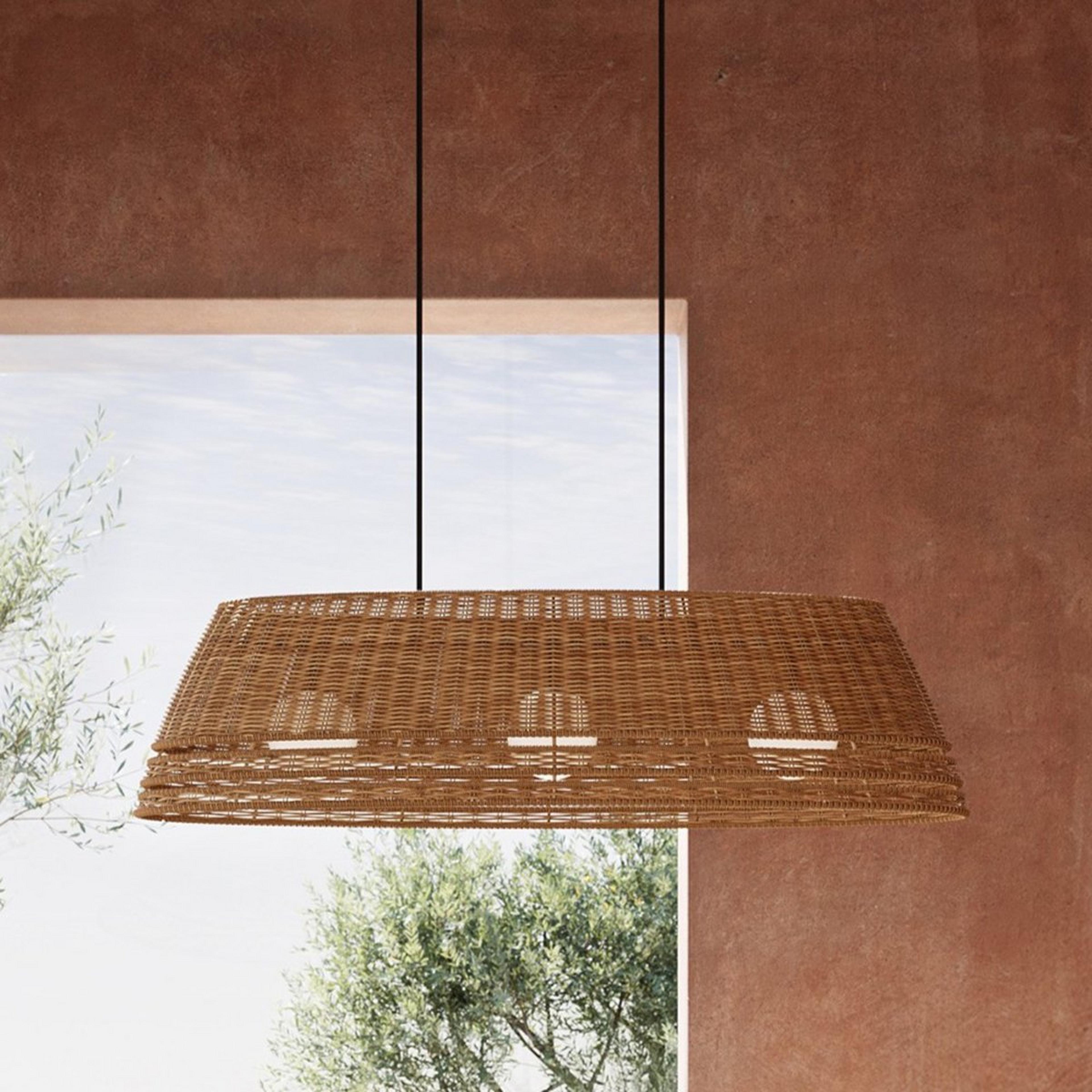 A Makoare Outdoor Island Chandelier with Black / Faux Rattan / Opal Glass color