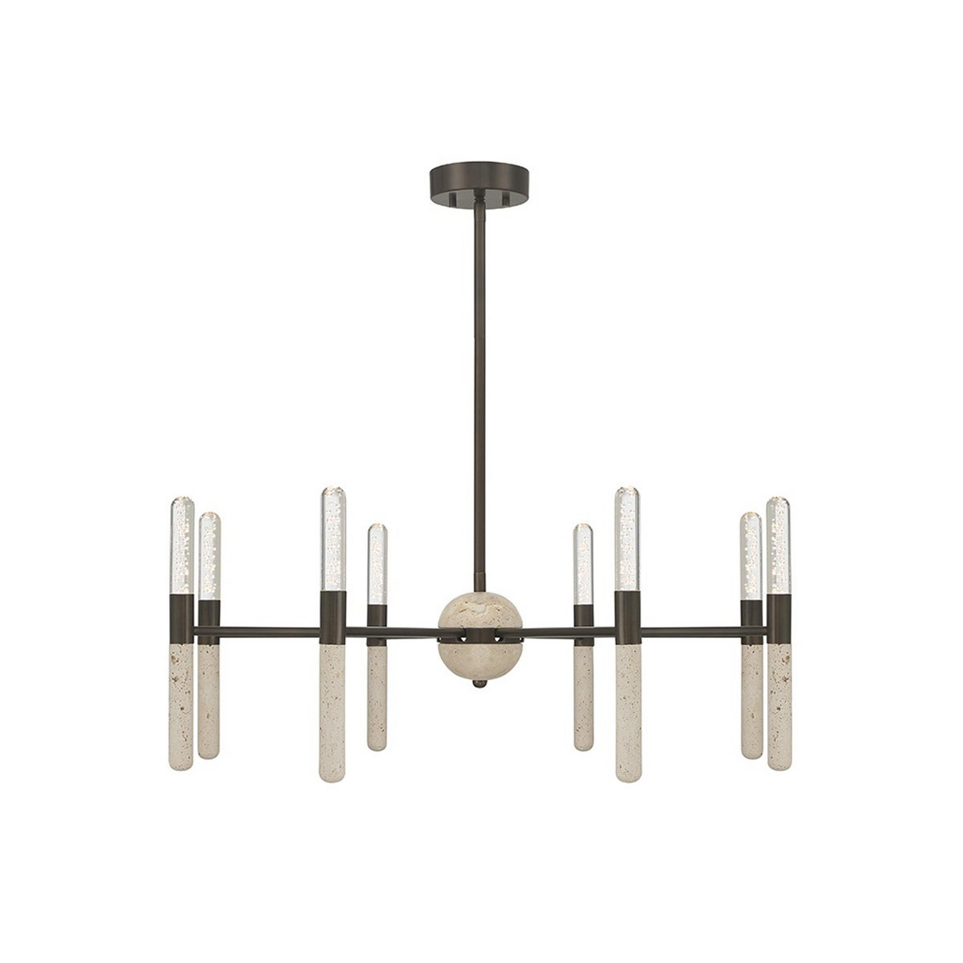 A Nokomis LED Chandelier with Bronze / Beige Travertine / Bubble Glass color