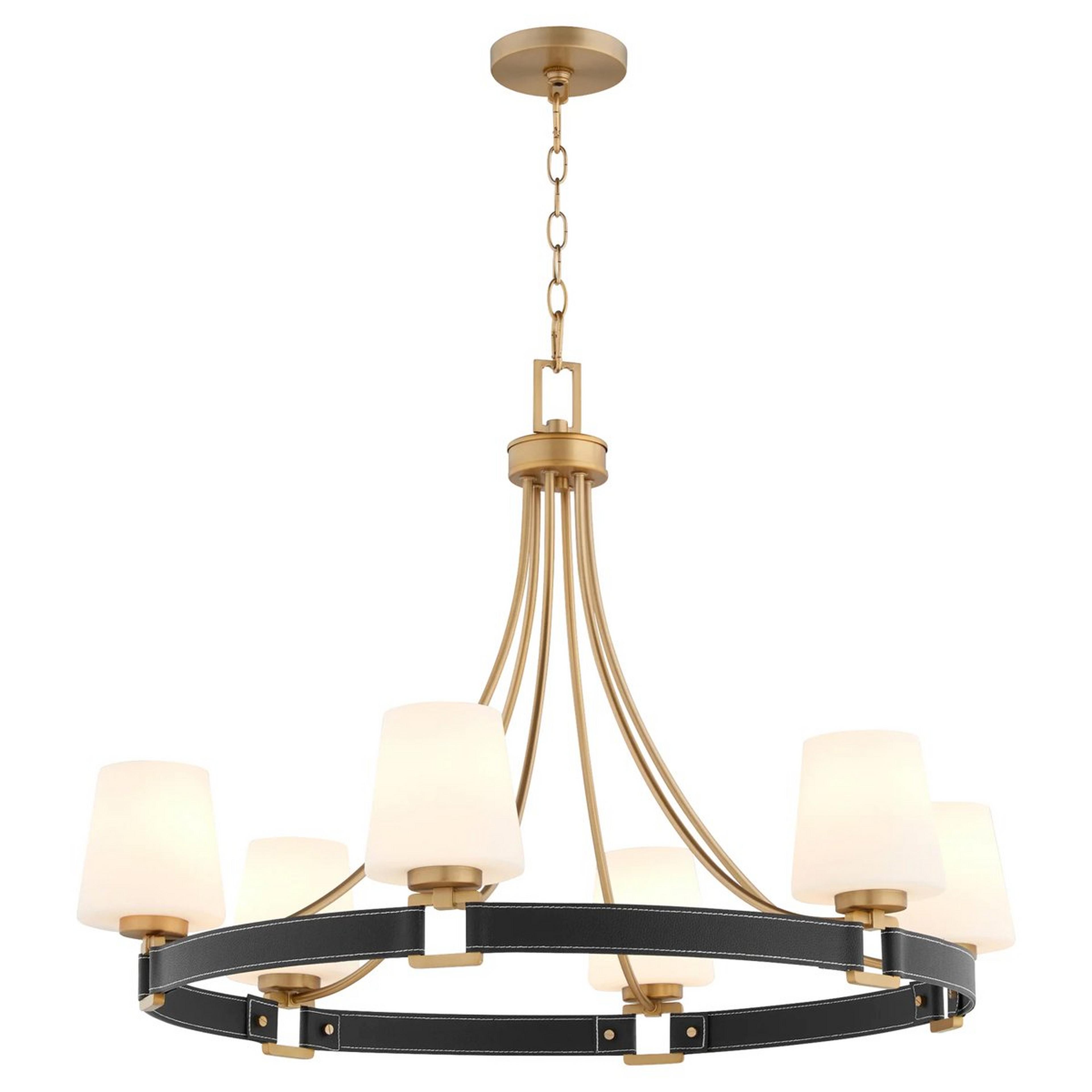 A Teiko Chandelier with Brass / Faux Leather / Opal Glass color