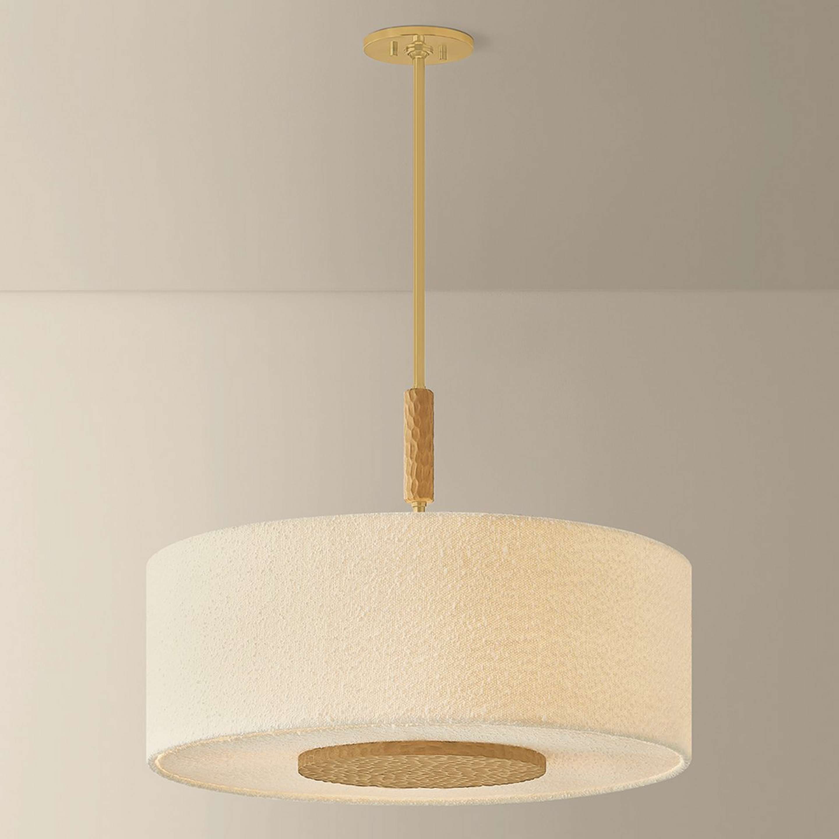 A Juvela Convertible Chandelier with Textured Linen / Brass / Wood color