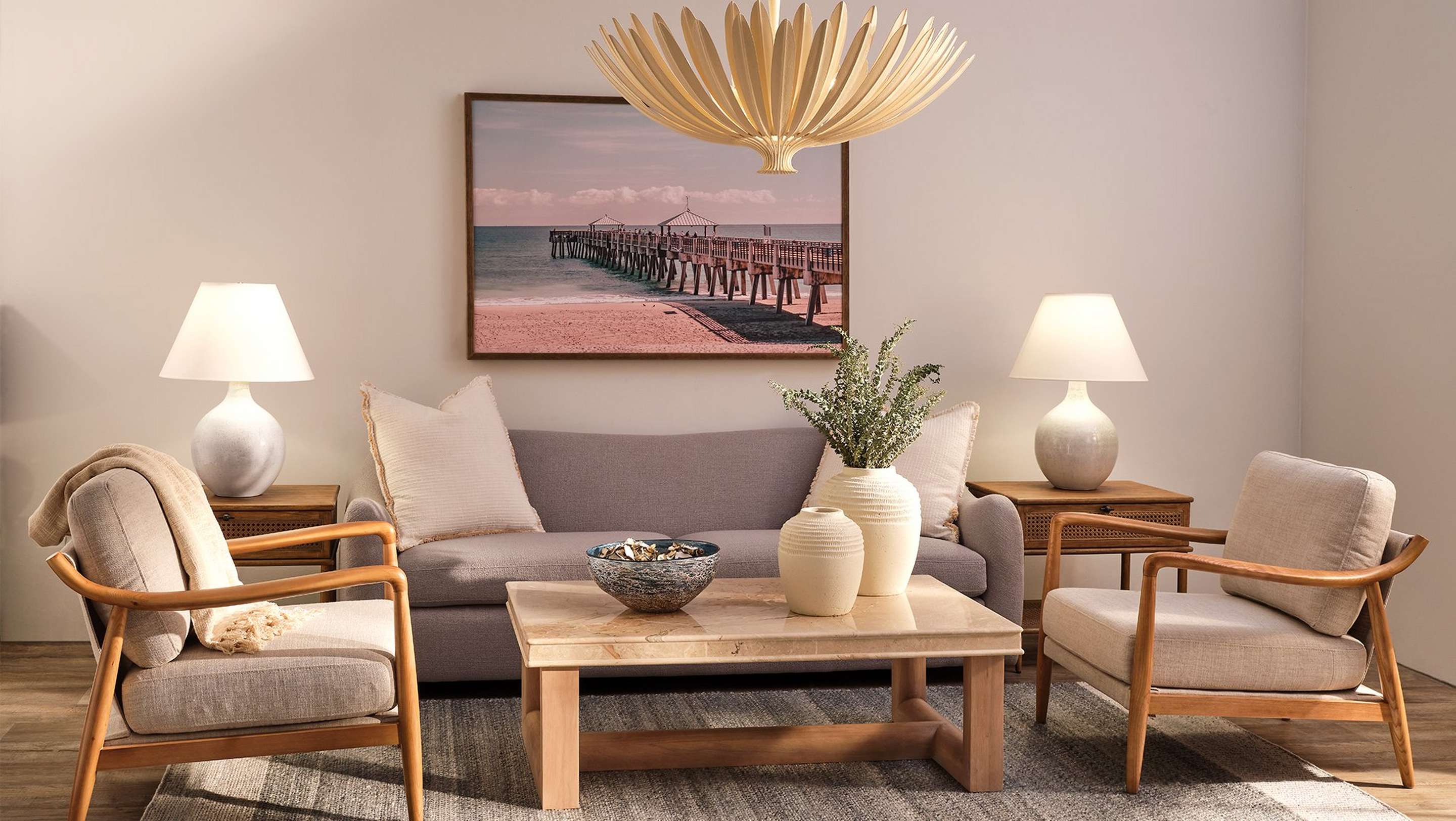 Seaside Escape living room with ornate chandelier