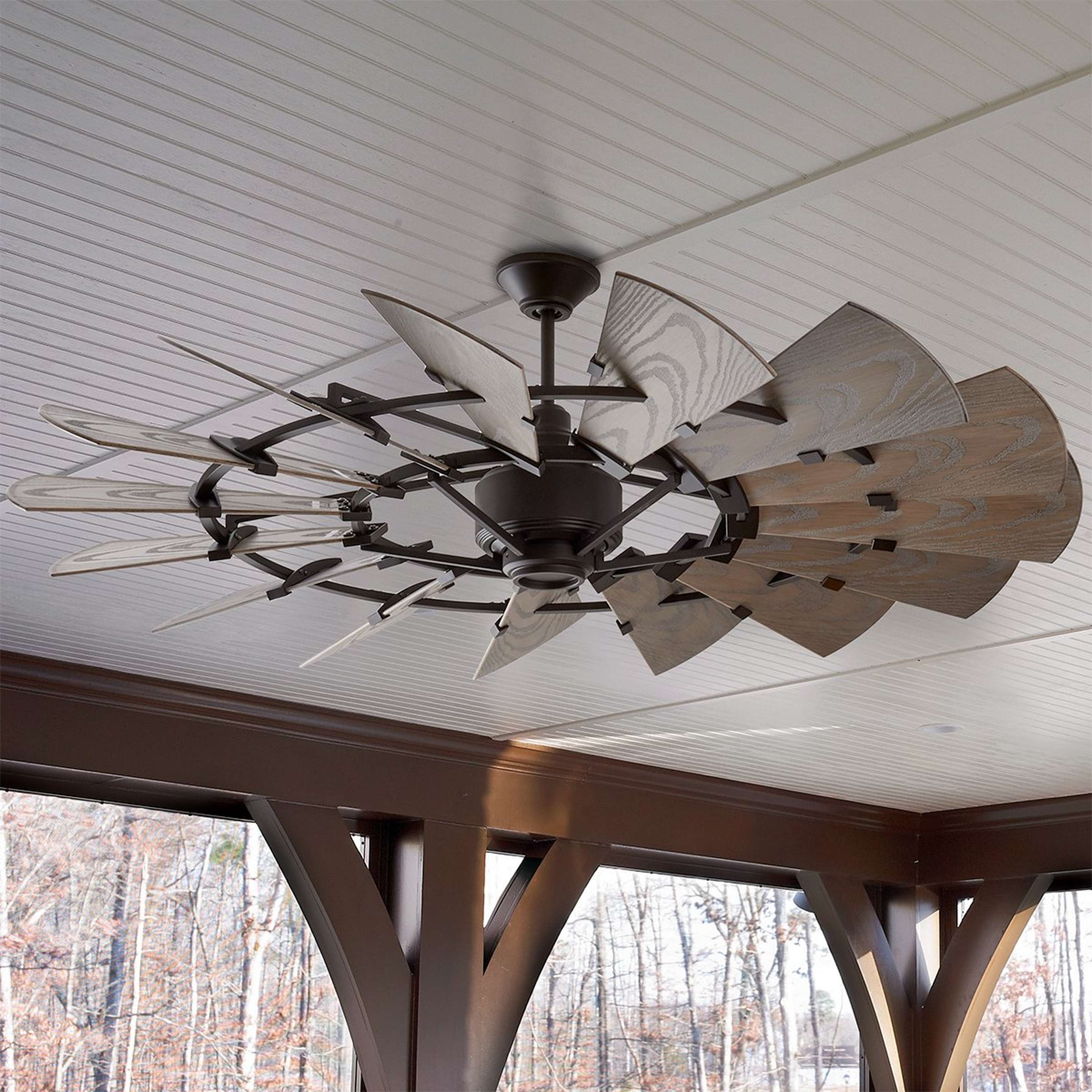A 60" Outdoor Rustic Windmill Ceiling Fan with Oiled Bronze / Weathered Oak color