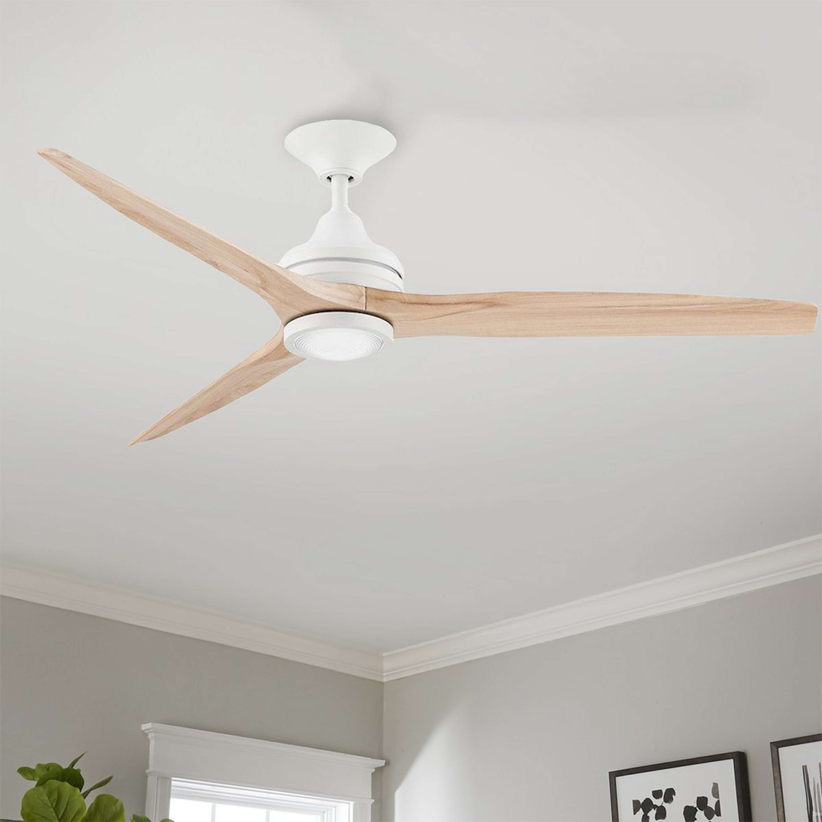 A 60" Indoor / Outdoor Metal and Wood LED Ceiling Fan with Matte White / Natural color