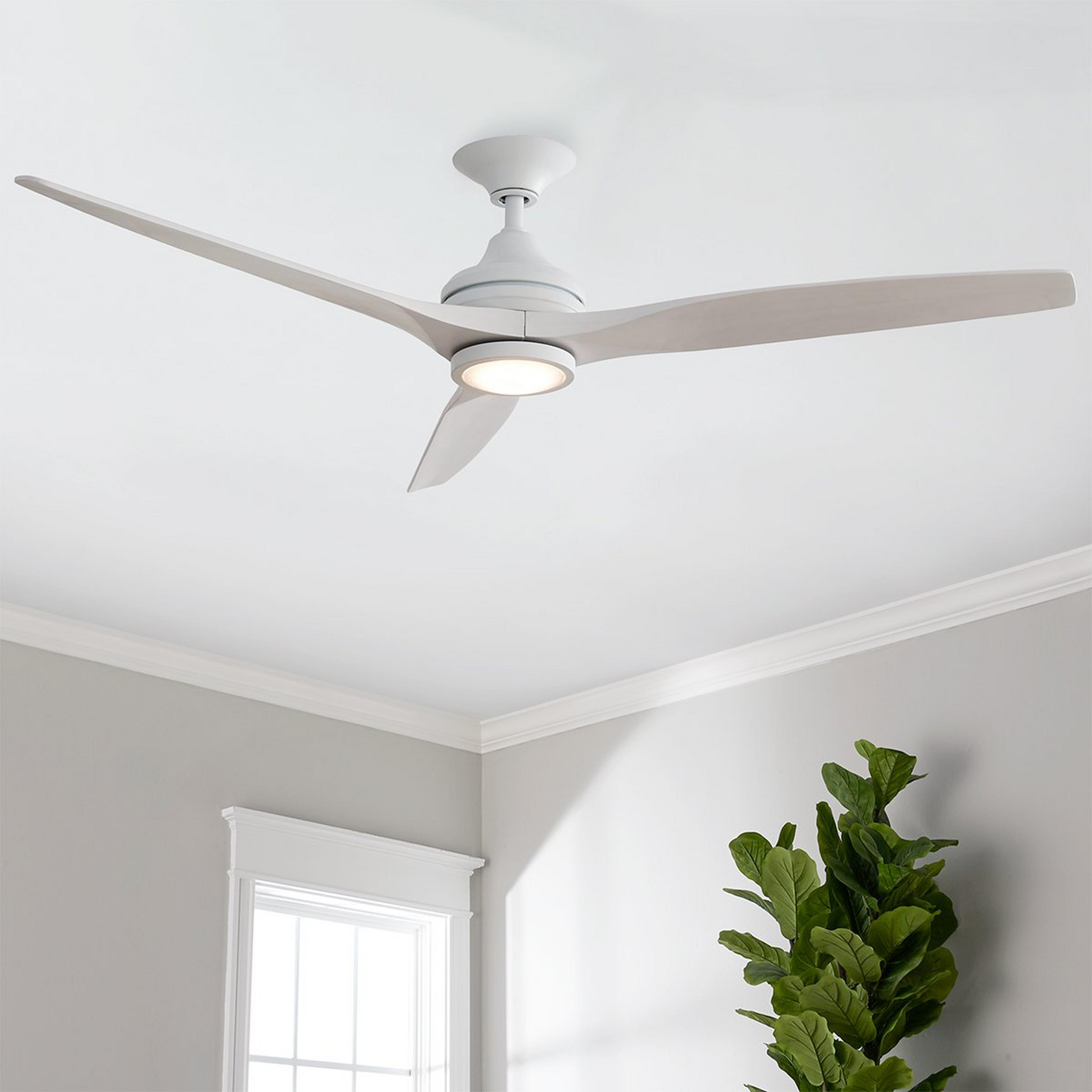 A 60" Indoor / Outdoor Metal and Wood LED Ceiling Fan with Matte White / Whitewash color