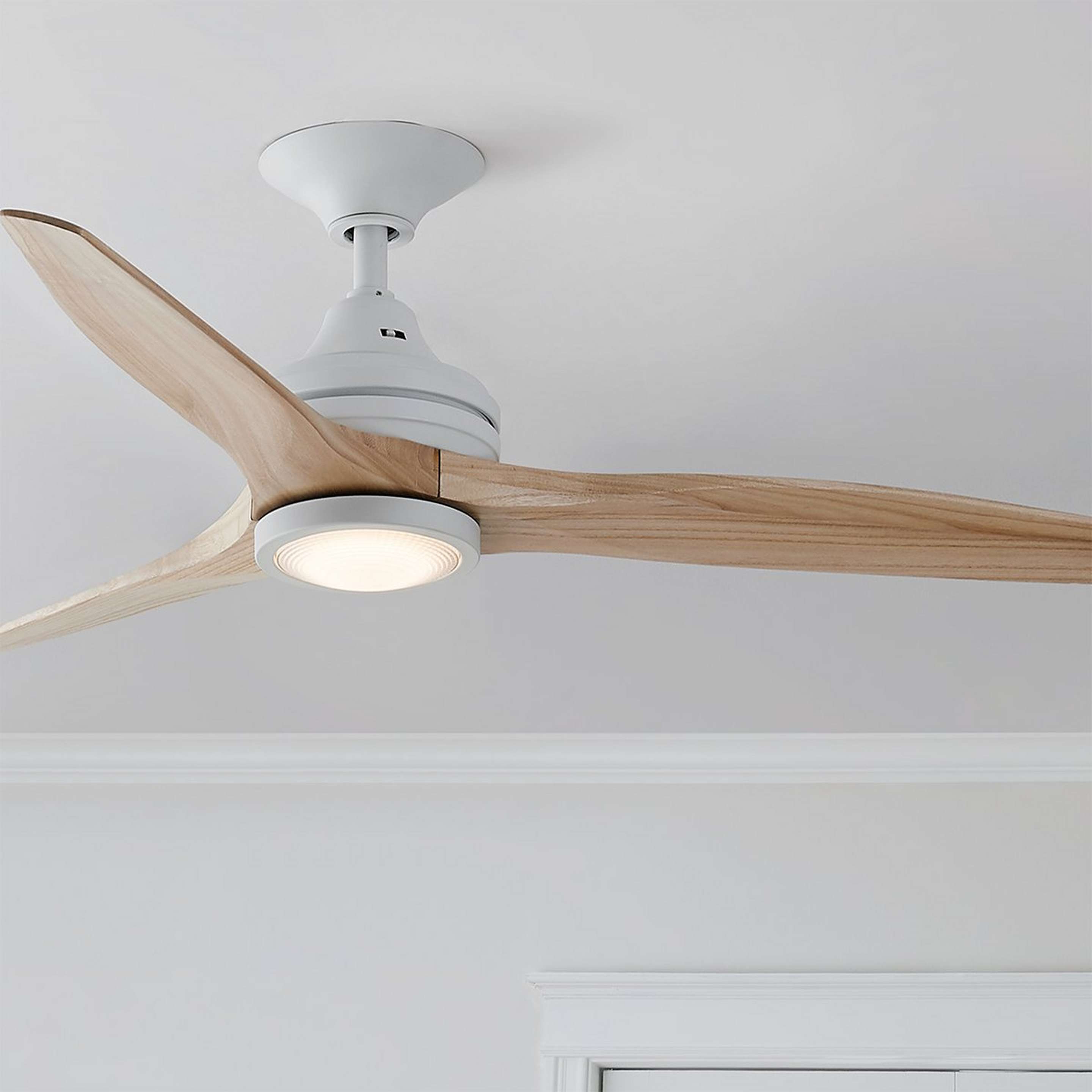 A 48" Indoor / Outdoor Metal and Wood LED Ceiling Fan with Matte White / Natural color