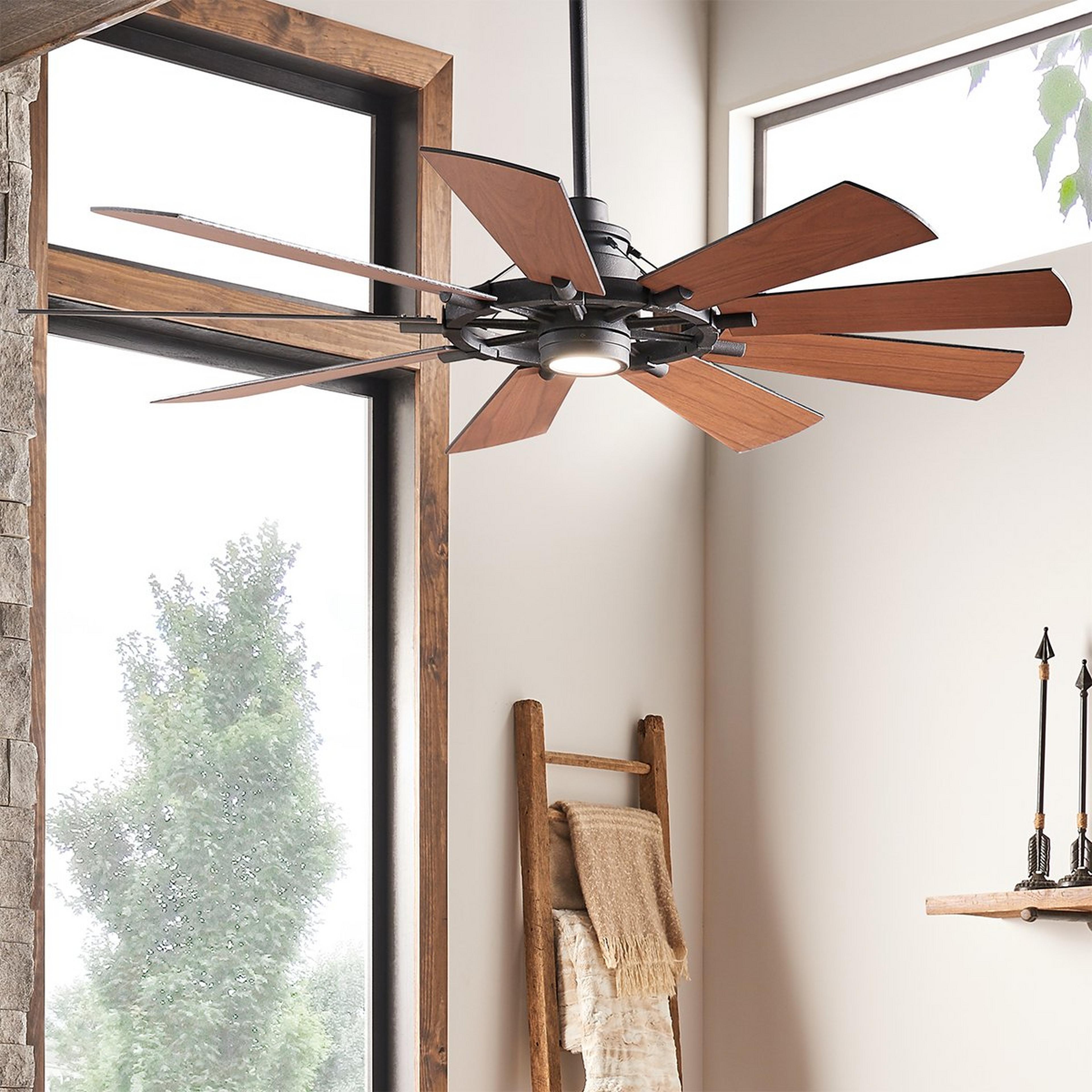 A 65" Industrial Spoke Ceiling Fan with Distressed Black / Darkened Walnut / Walnut color