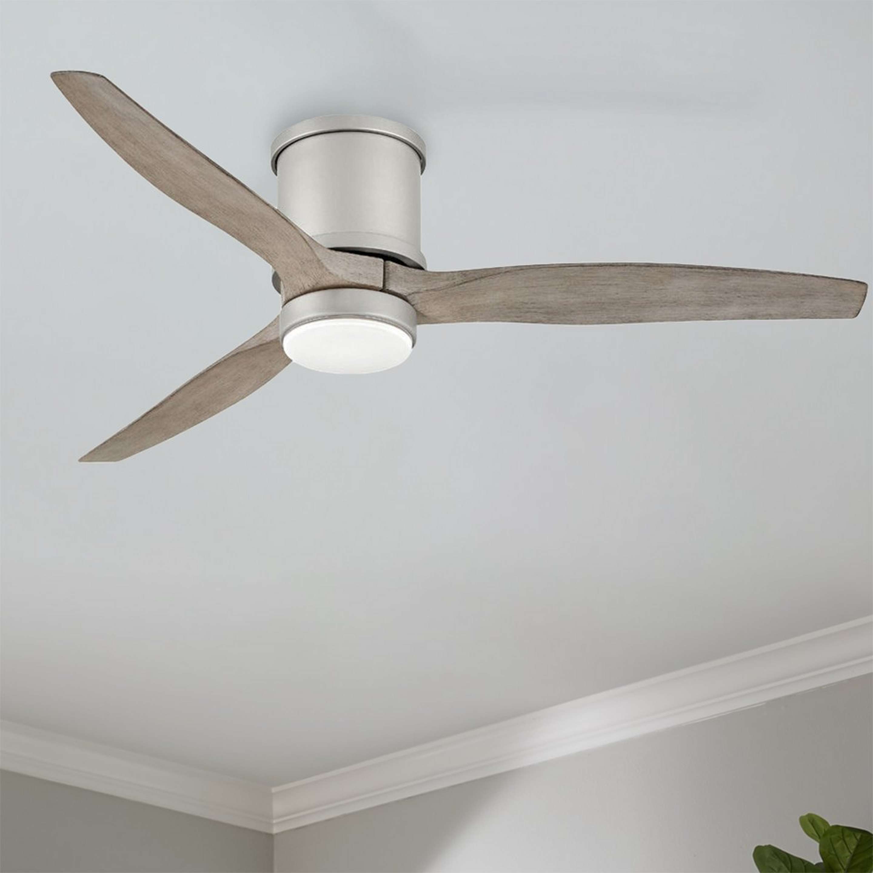 A 52" Brockton Smart LED Indoor / Outdoor Flush Ceiling Fan with Brushed Nickel / Gray Faux Wood color