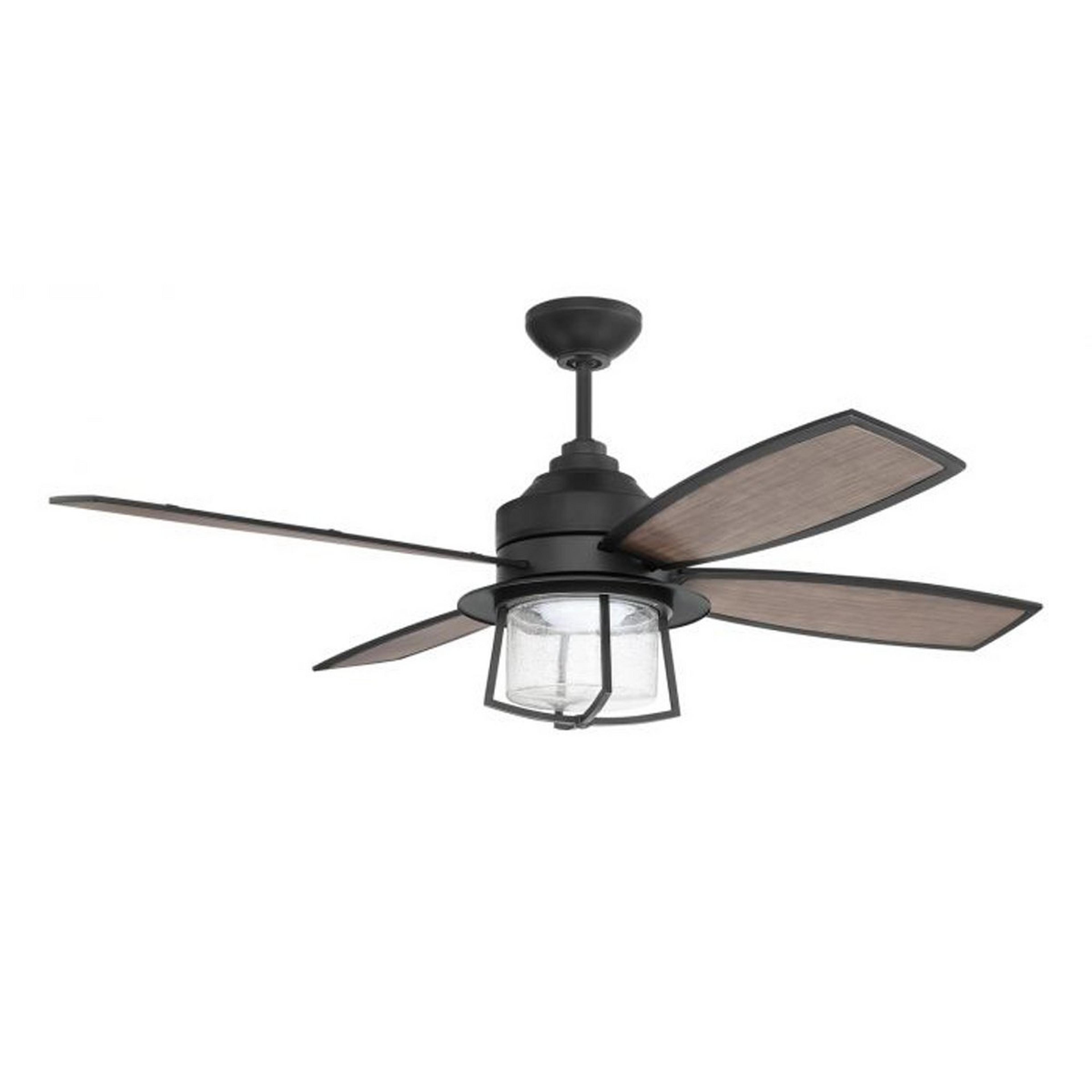 A 52" Indoor / Outdoor Washington LED Ceiling Fan with Black / Faux Wood / Seedy Glass color