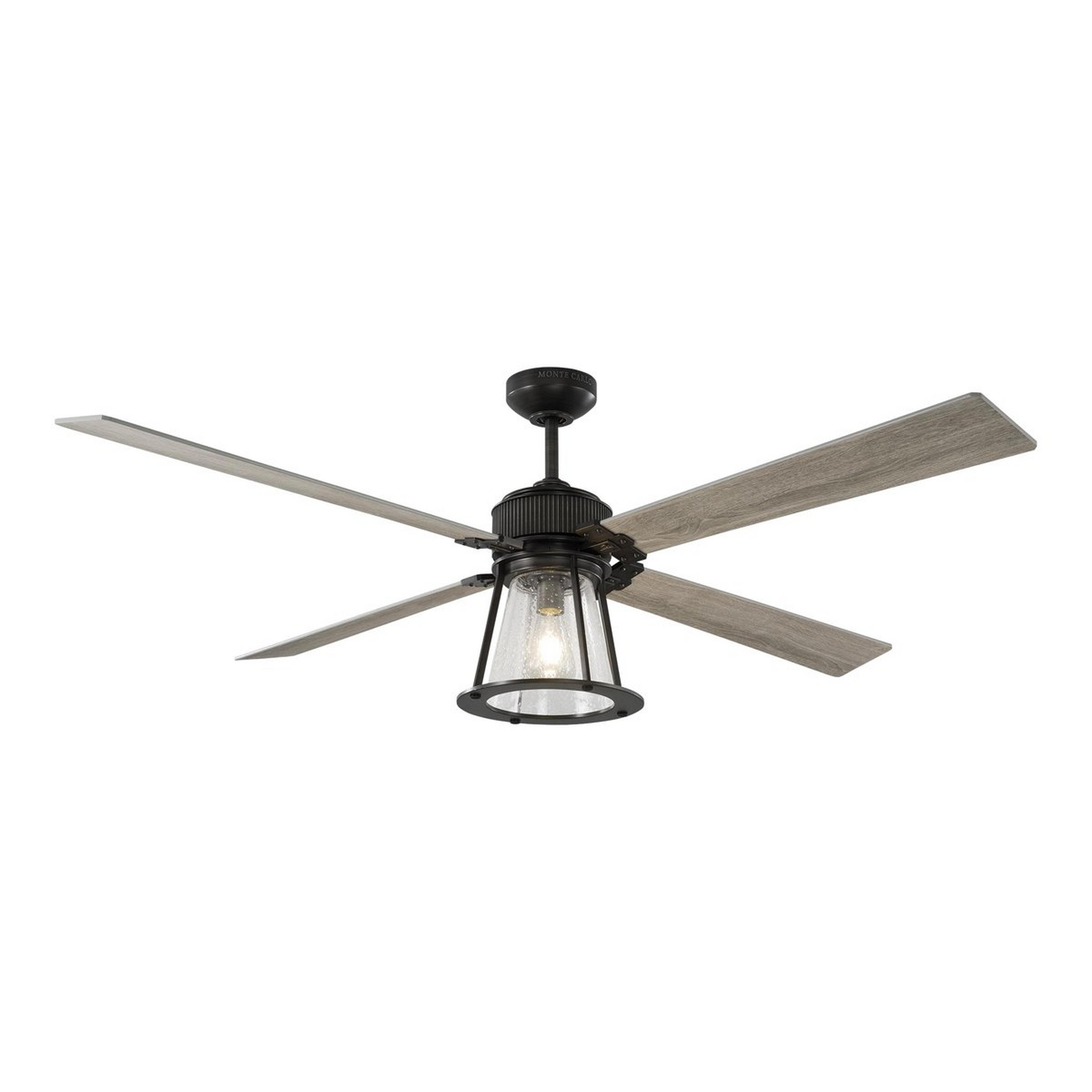A 60" Indoor / Outdoor Caspian Ceiling Fan with Aged Pewter / Weathered Gray Oak / Seedy Glass color