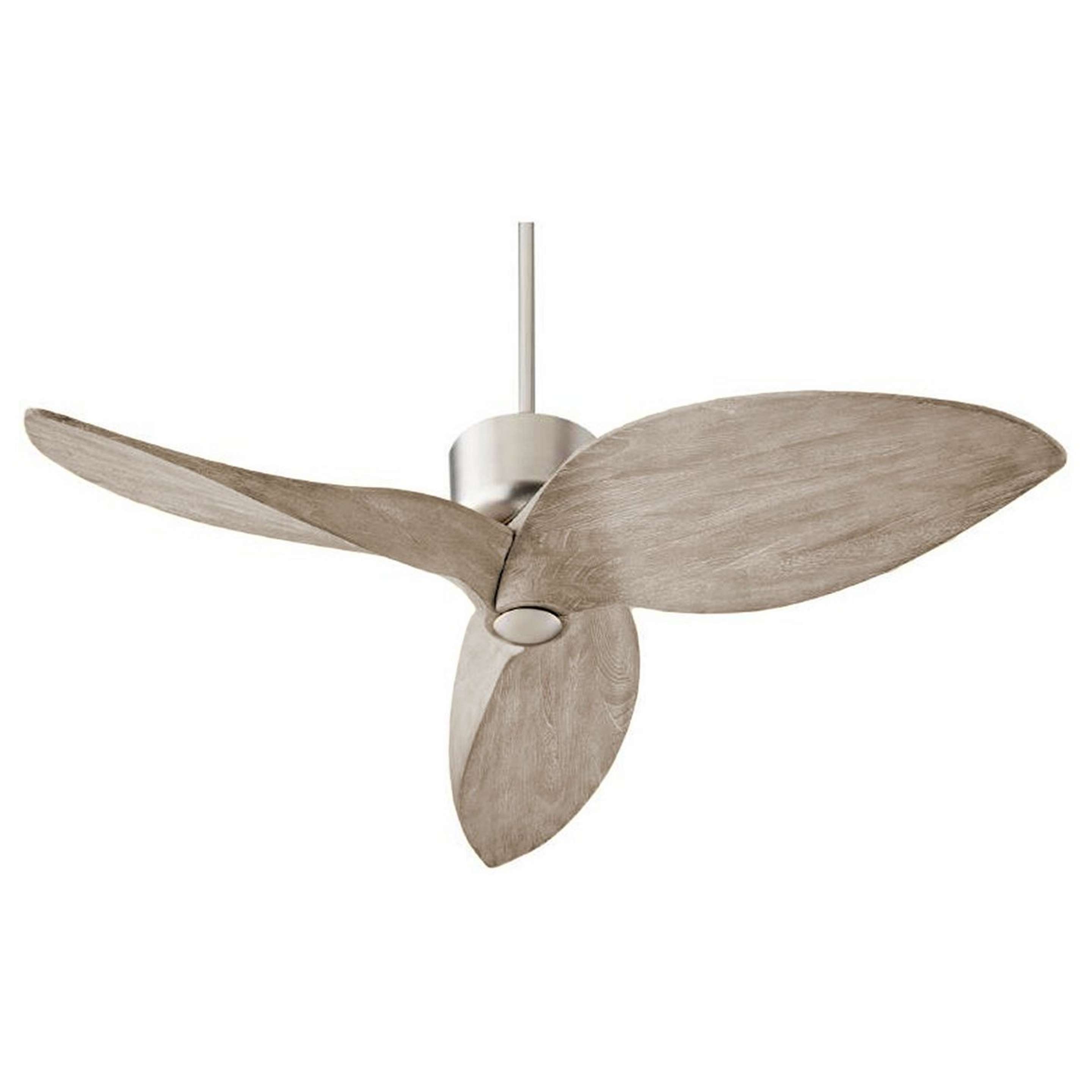 A 52" Polished Petal Ceiling Fan with Satin Nickel / Weathered Oak color