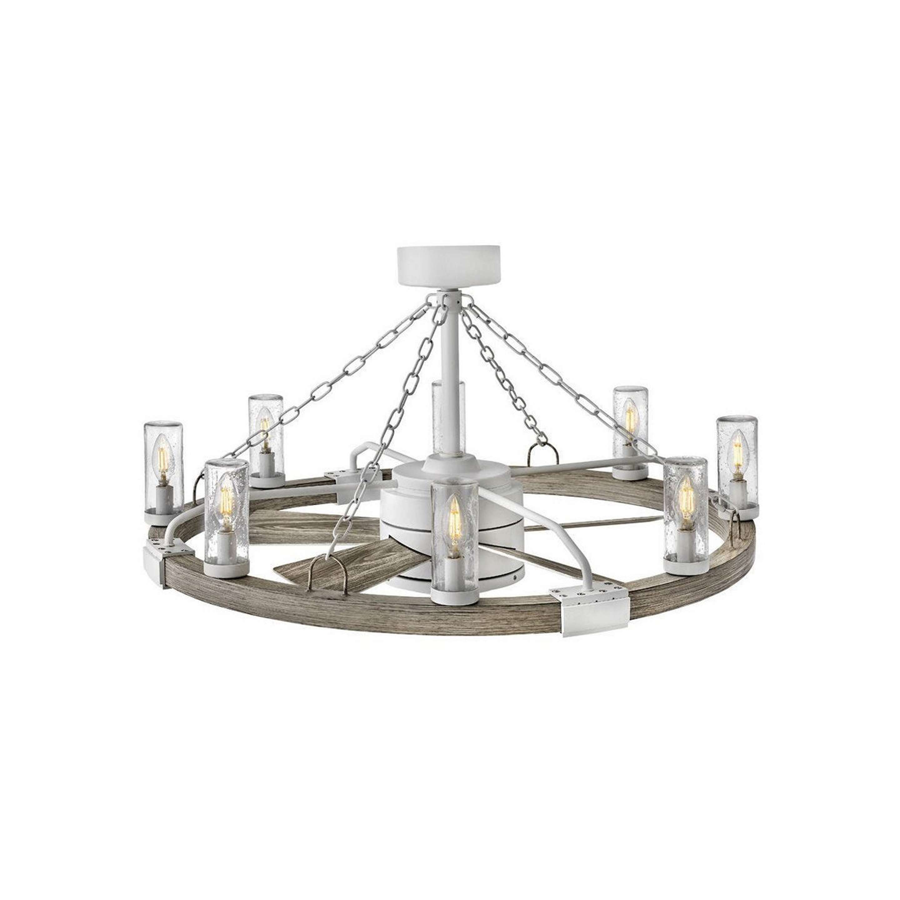 A 36" Chalet Indoor / Outdoor Ceiling Fandelier with White / Weathered Wood / Seeded Glass color