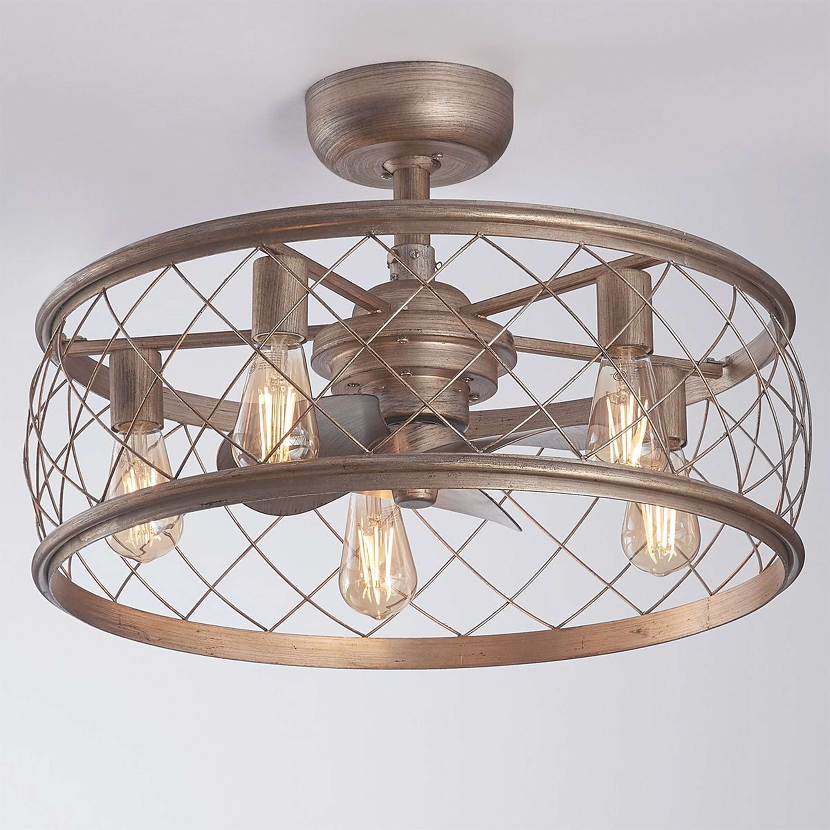 A 22" Trellis Cage Ceiling Fandelier with Distressed Champagne color