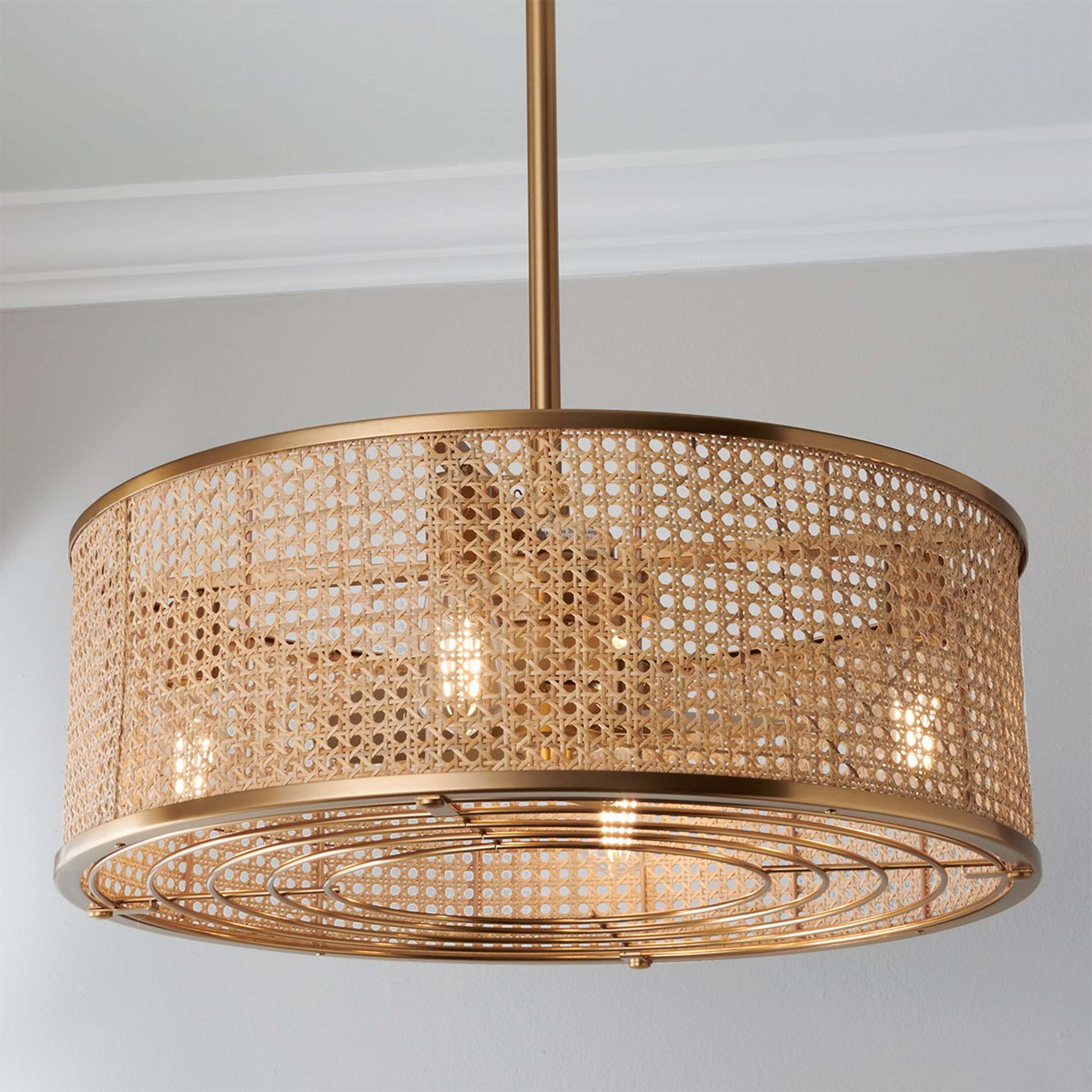 A 25" Transitional Sommer Ceiling Fandelier with Warm Brass / Natural Cane color