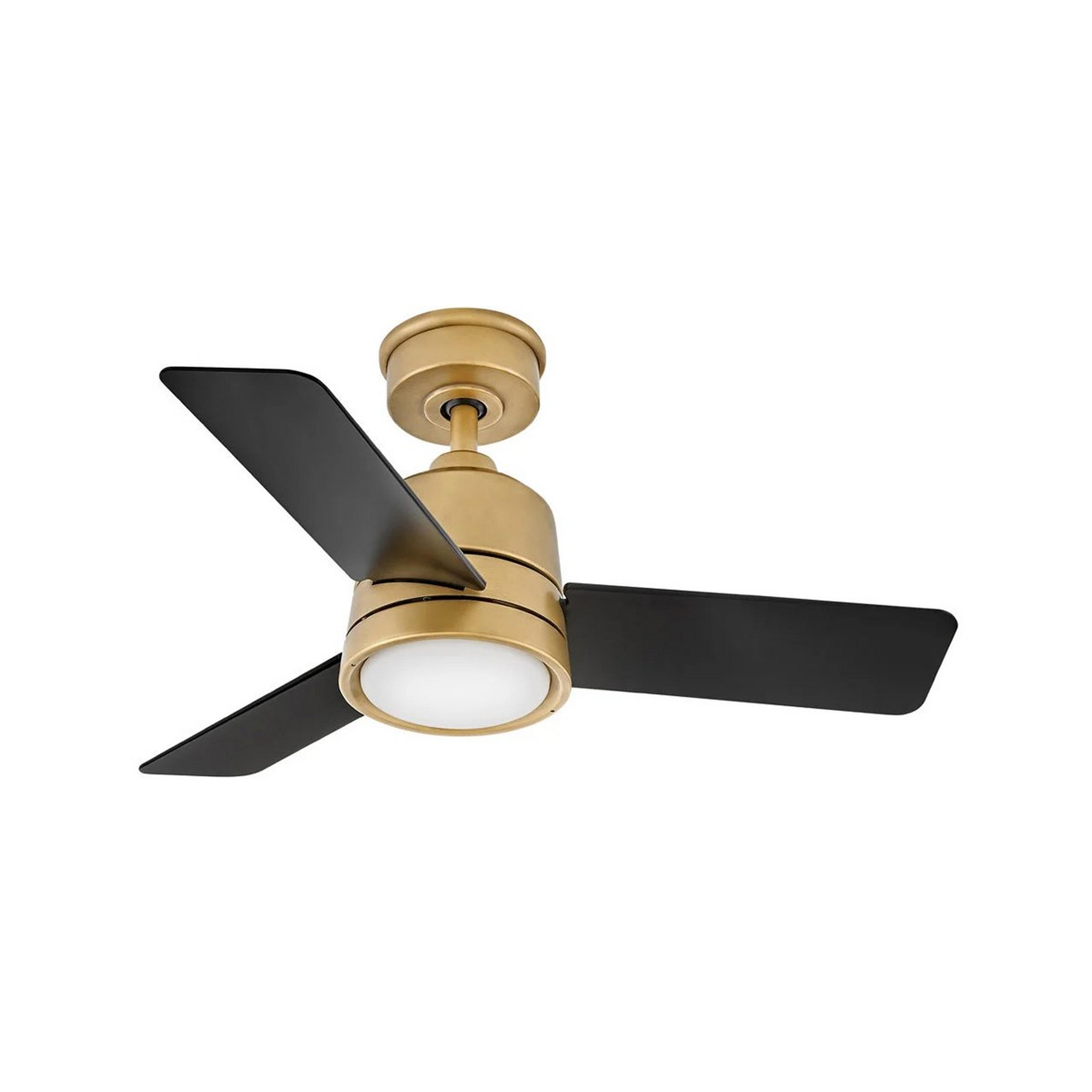 A 36" Ross LED Indoor / Outdoor Ceiling Fan with Aged Brass / Matte Black / White Glass color