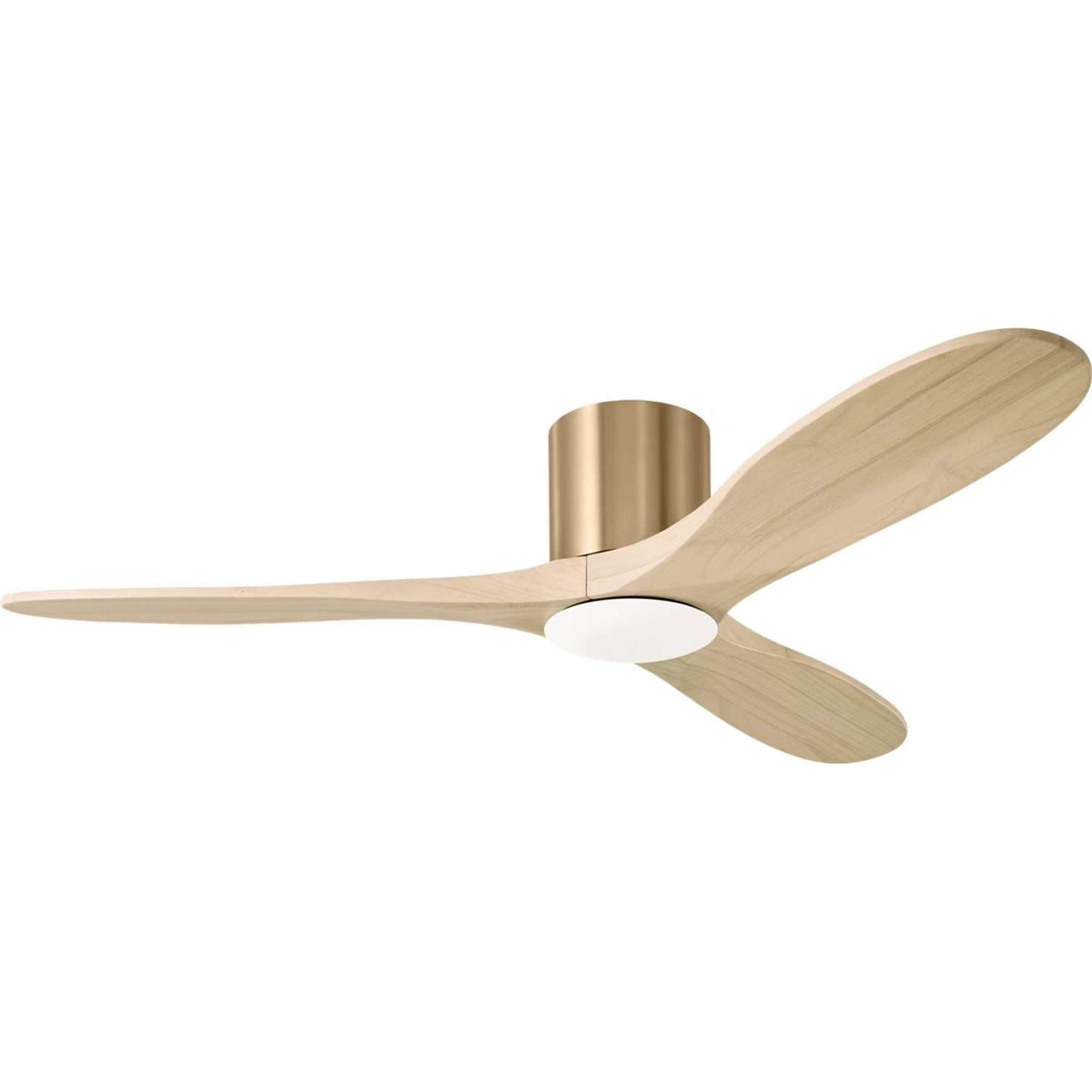 A 52" Samara Smart LED Flush Indoor/Outdoor Ceiling Fan with Brass / Neutral Wood color