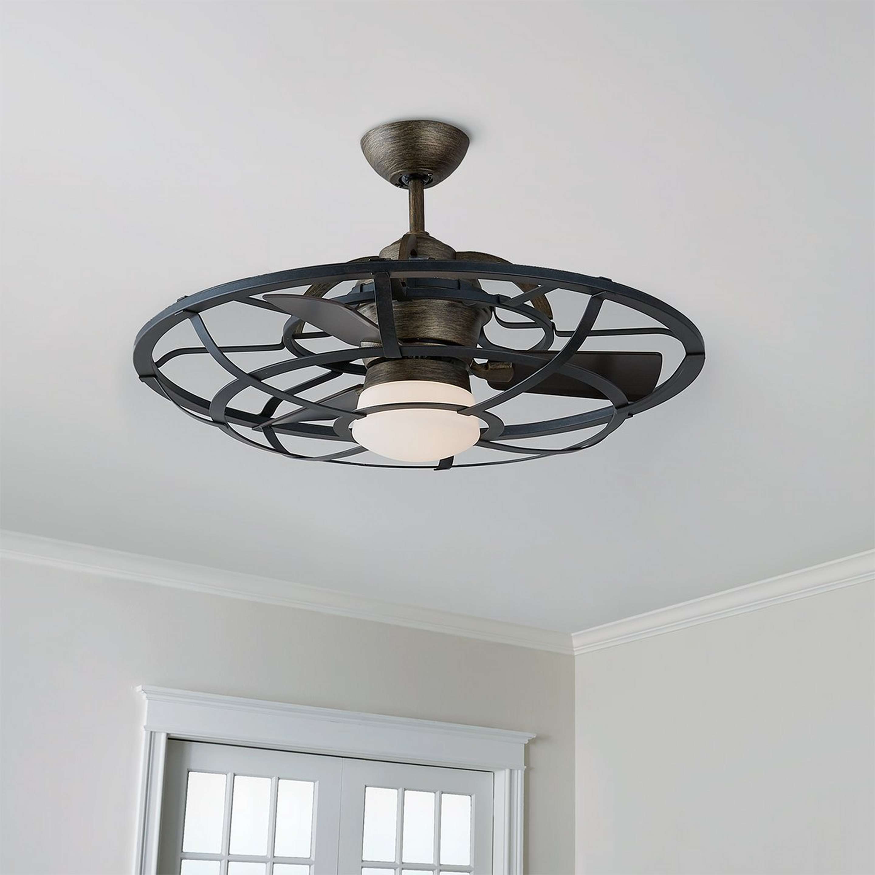 A 30" Industrial Cage Ceiling Fan with Golden Bronze / Iron / Dark Faux Wood color