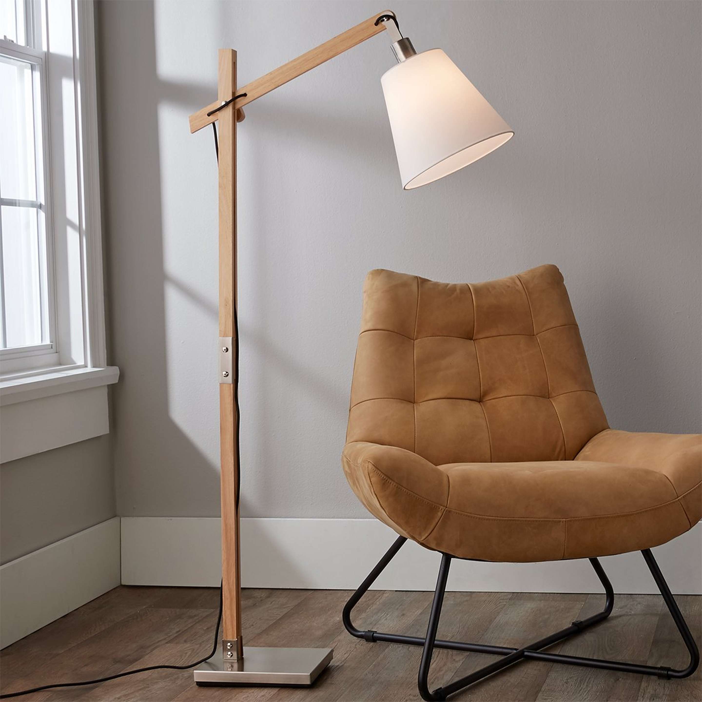 A Modern Rustic Wood Arc Floor Lamp with Natural / Satin Steel color