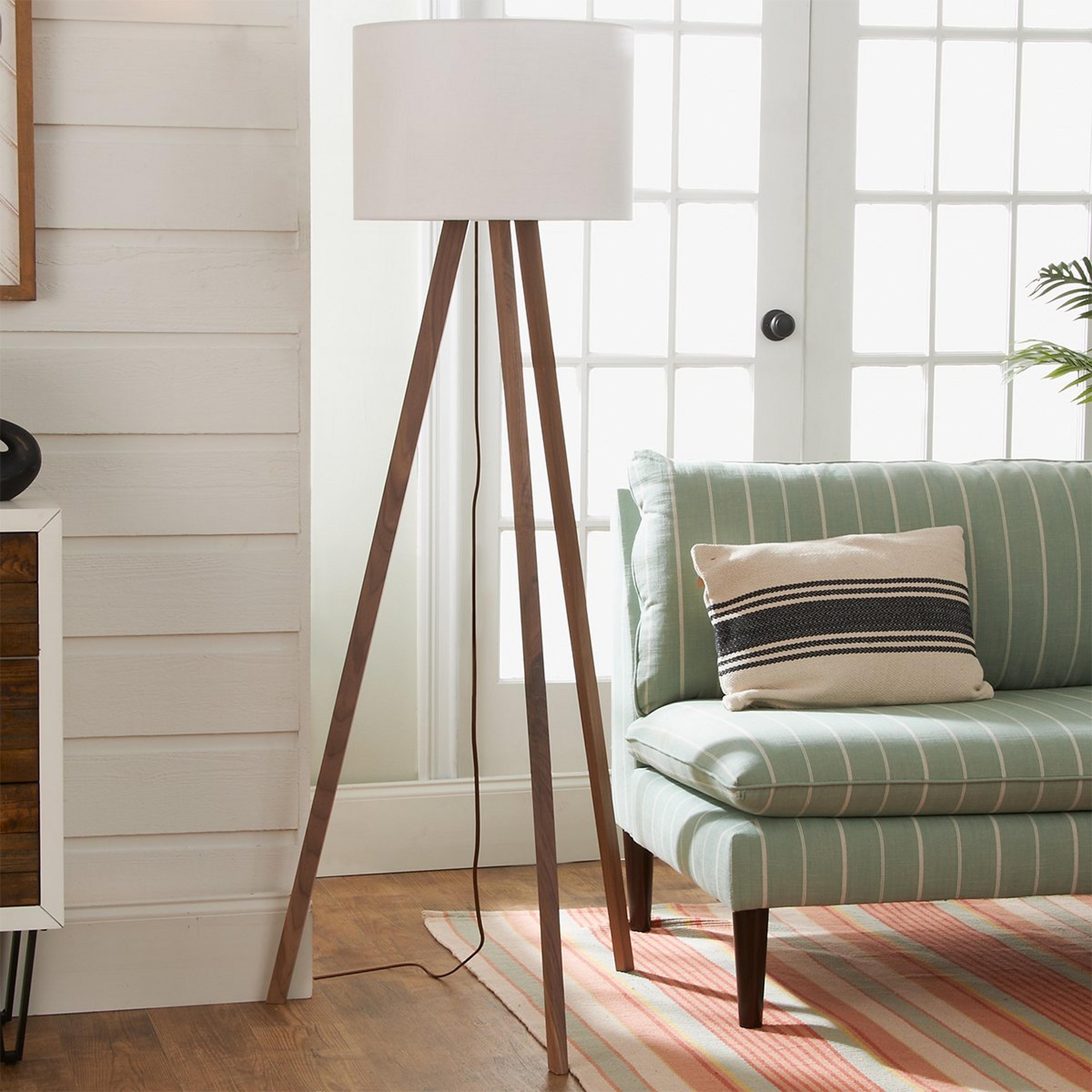 A Sleek Wood Modern Tripod Floor Lamp with Light Walnut / White color