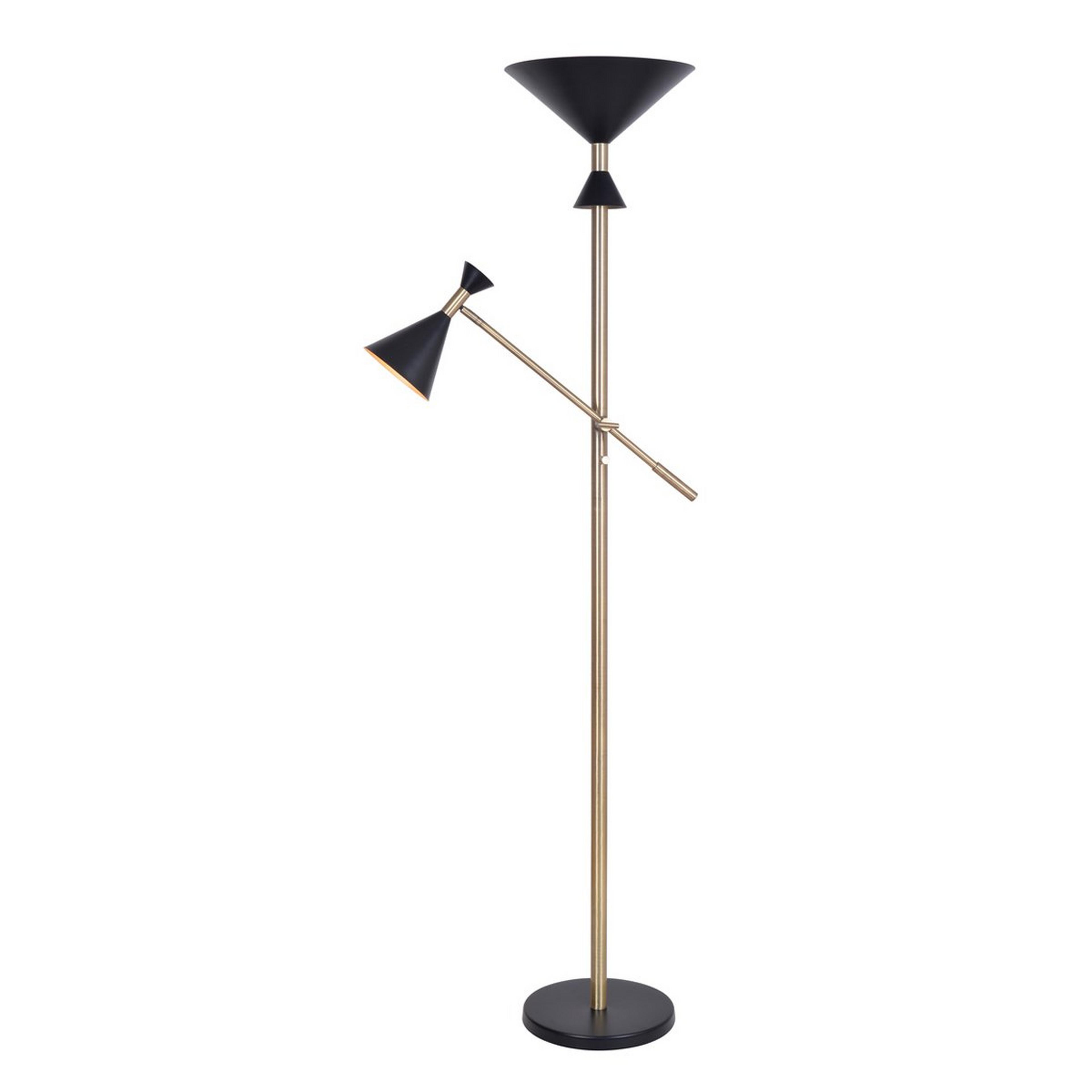 A Mid-Century Cone Shaded Floor Lamp with Black / Antique Brass color
