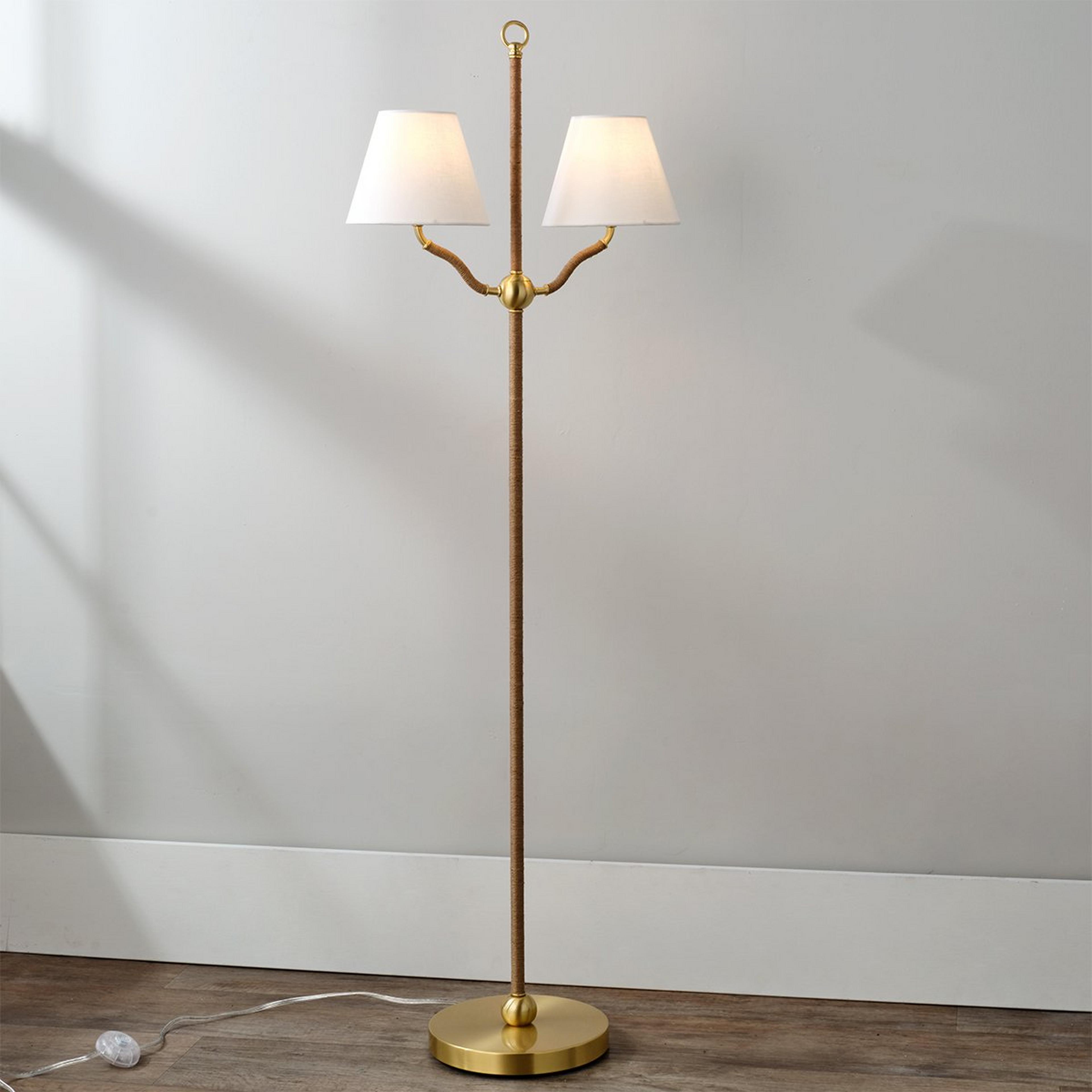 A Mistral Floor Lamp with Antique Brass / Natural Jute Rope / White Linen color