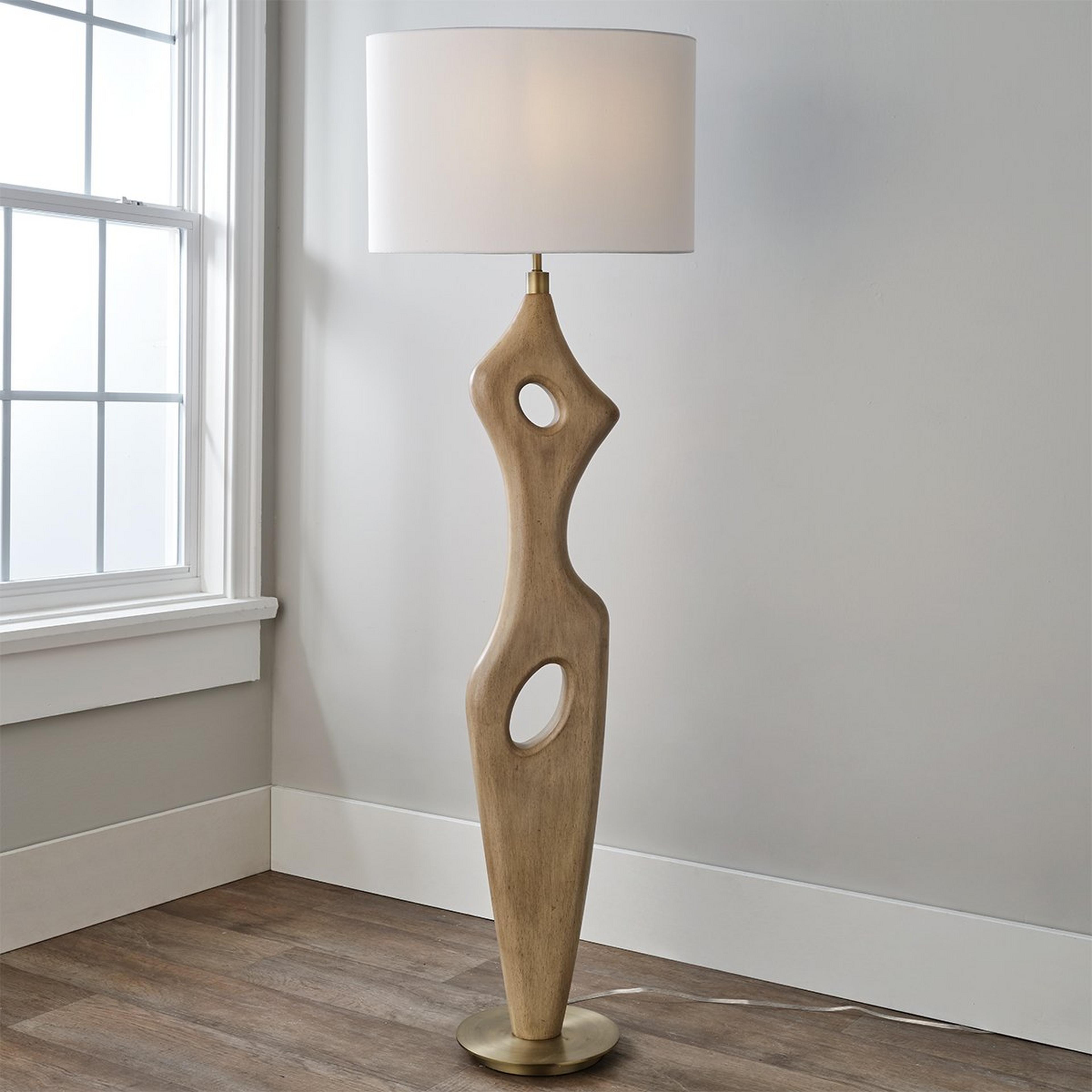A Estia Floor Lamp with Natural Wood / White Linen color