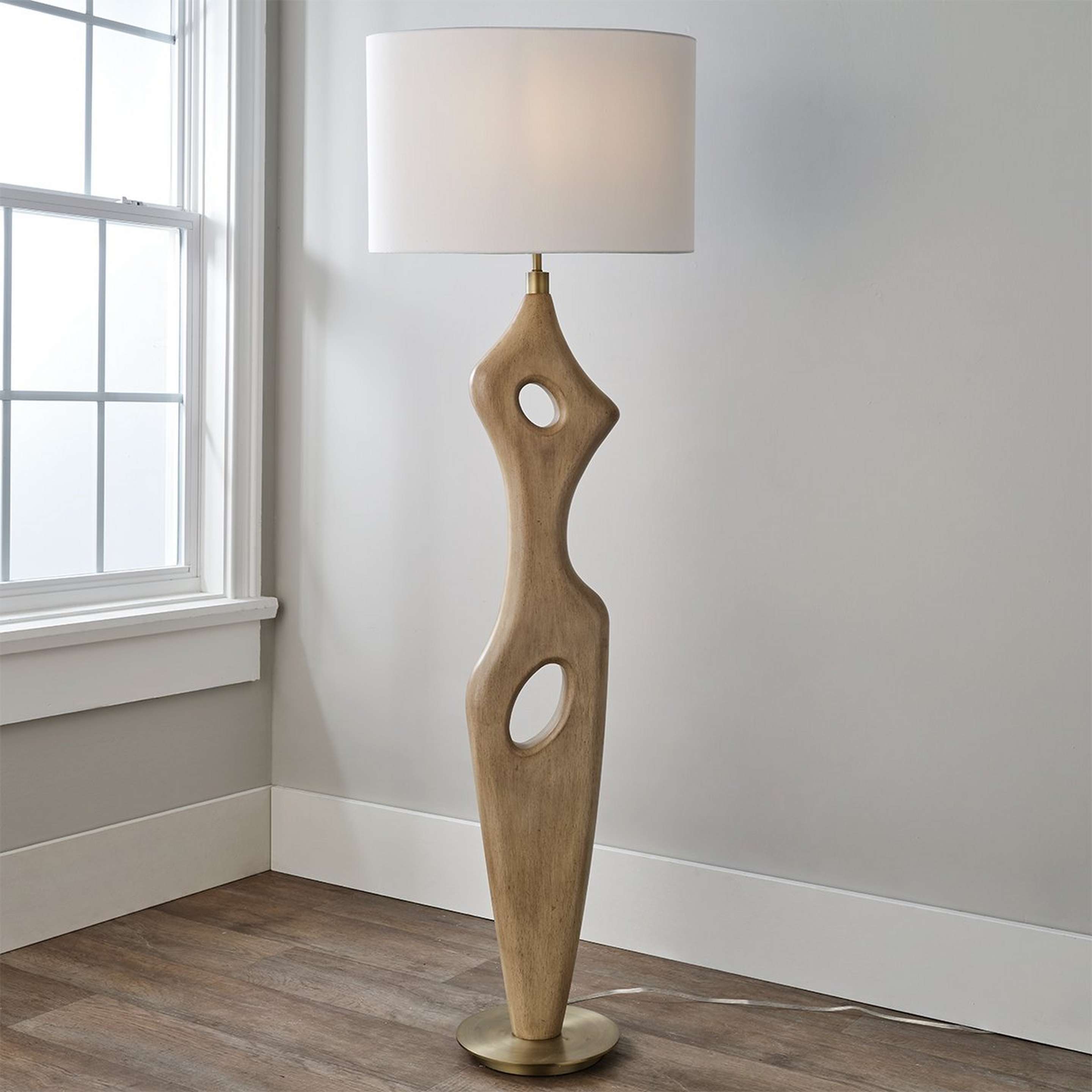 A Estia Floor Lamp with Natural Wood / White Linen color