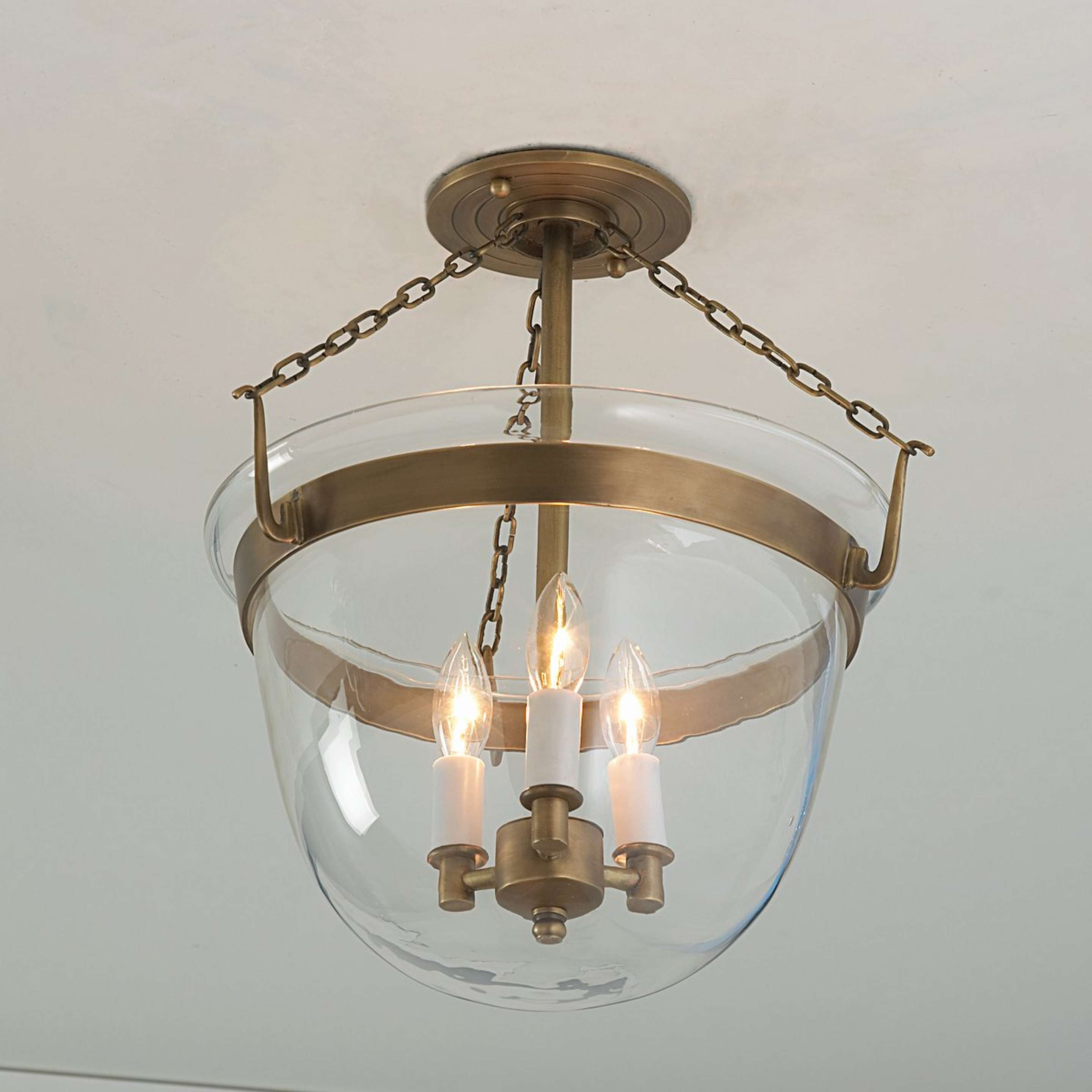 A Smokebell Lantern Semi-Flush Ceiling Light - Large - Clear with Antique Brass color