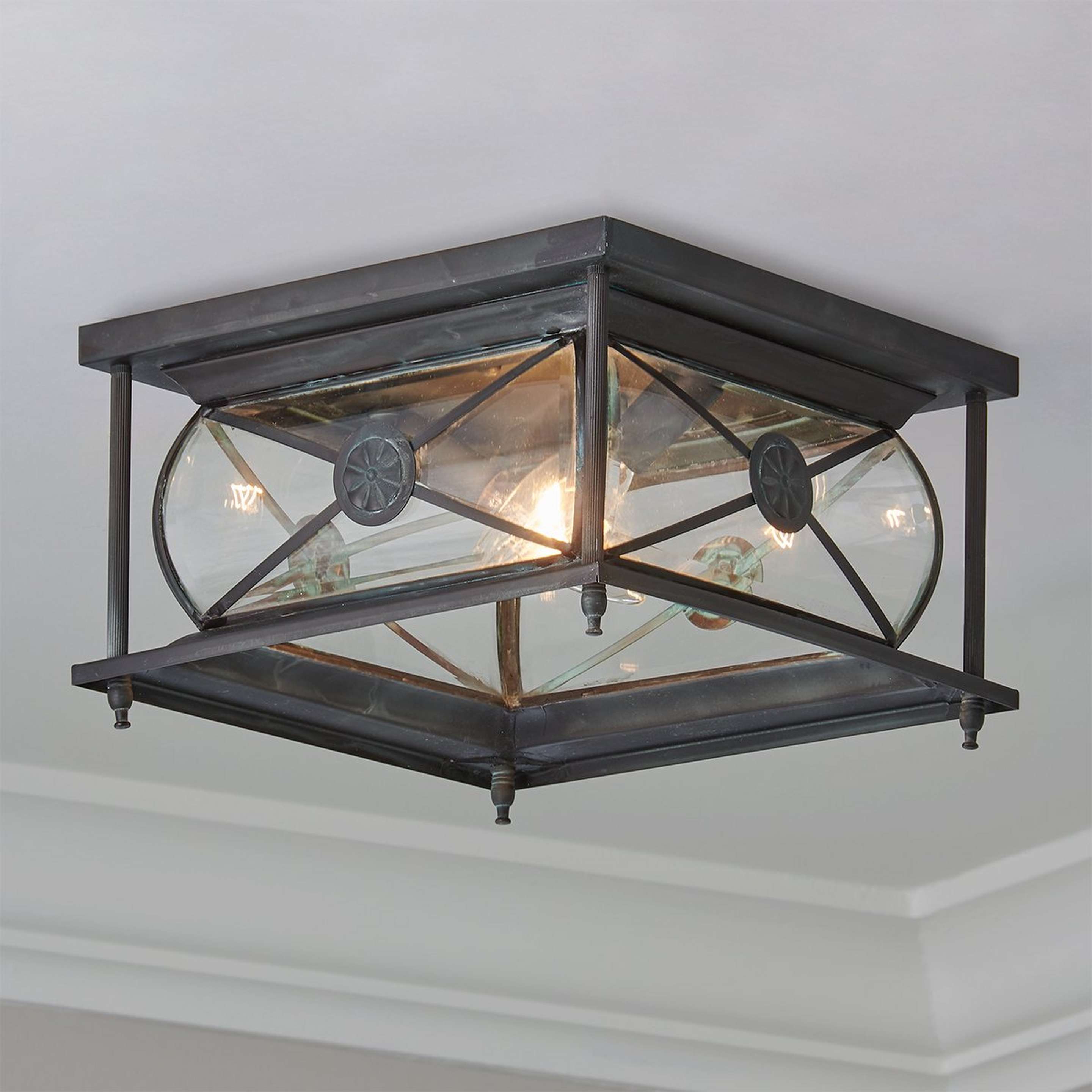 A Hampton Indoor/Outdoor Ceiling Light with Weathered Verdigris Bronze color