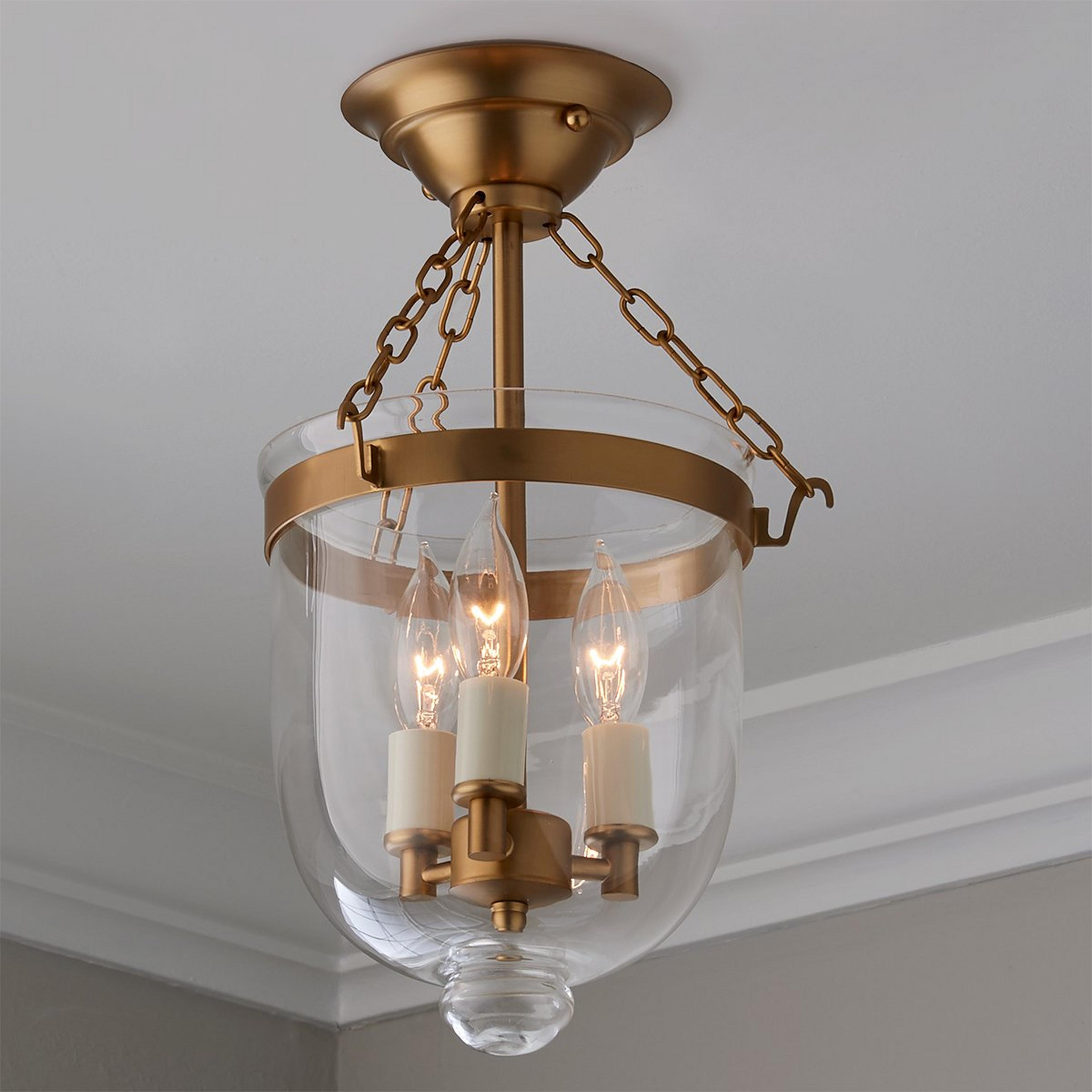 A Smokebell Lantern Semi-Flush Ceiling Light - Small with Antique Brass / Clear Glass color