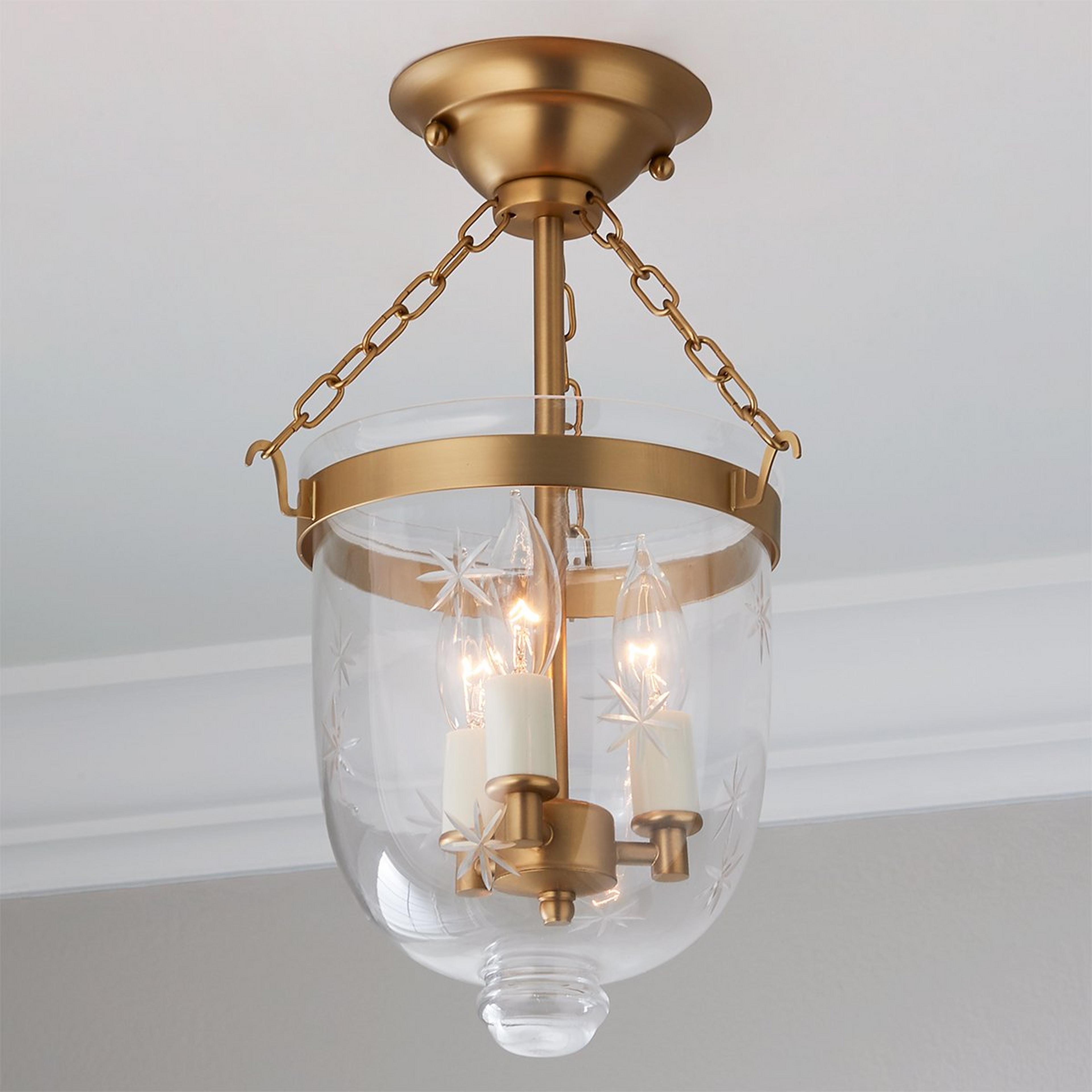 A Smokebell Lantern Semi-Flush Ceiling Light - Small with Antique Brass / Star Glass color