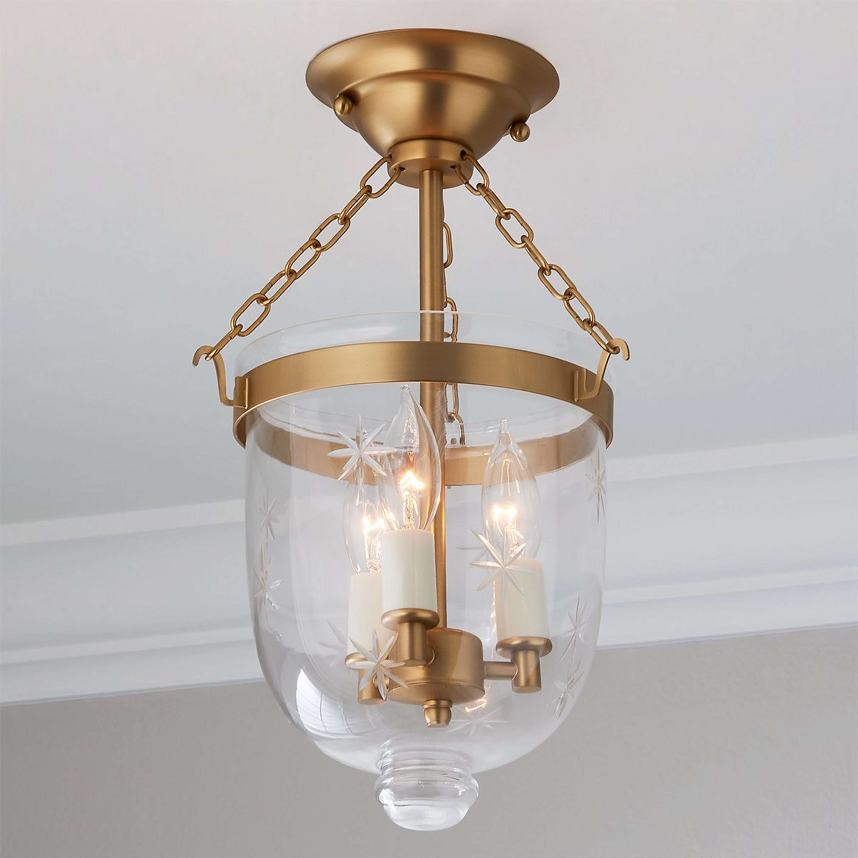A Smokebell Lantern Semi-Flush Ceiling Light - Small with Antique Brass / Star Glass color