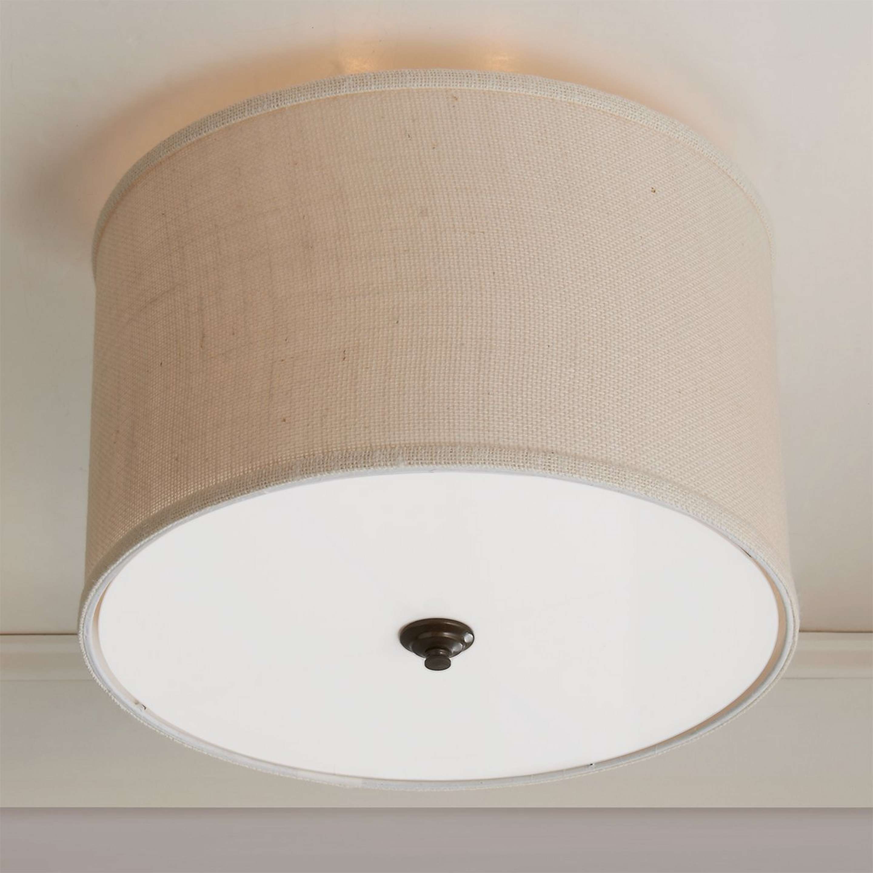 A Burlap Drum Shade Ceiling Light with Bronze / Cream Burlap color