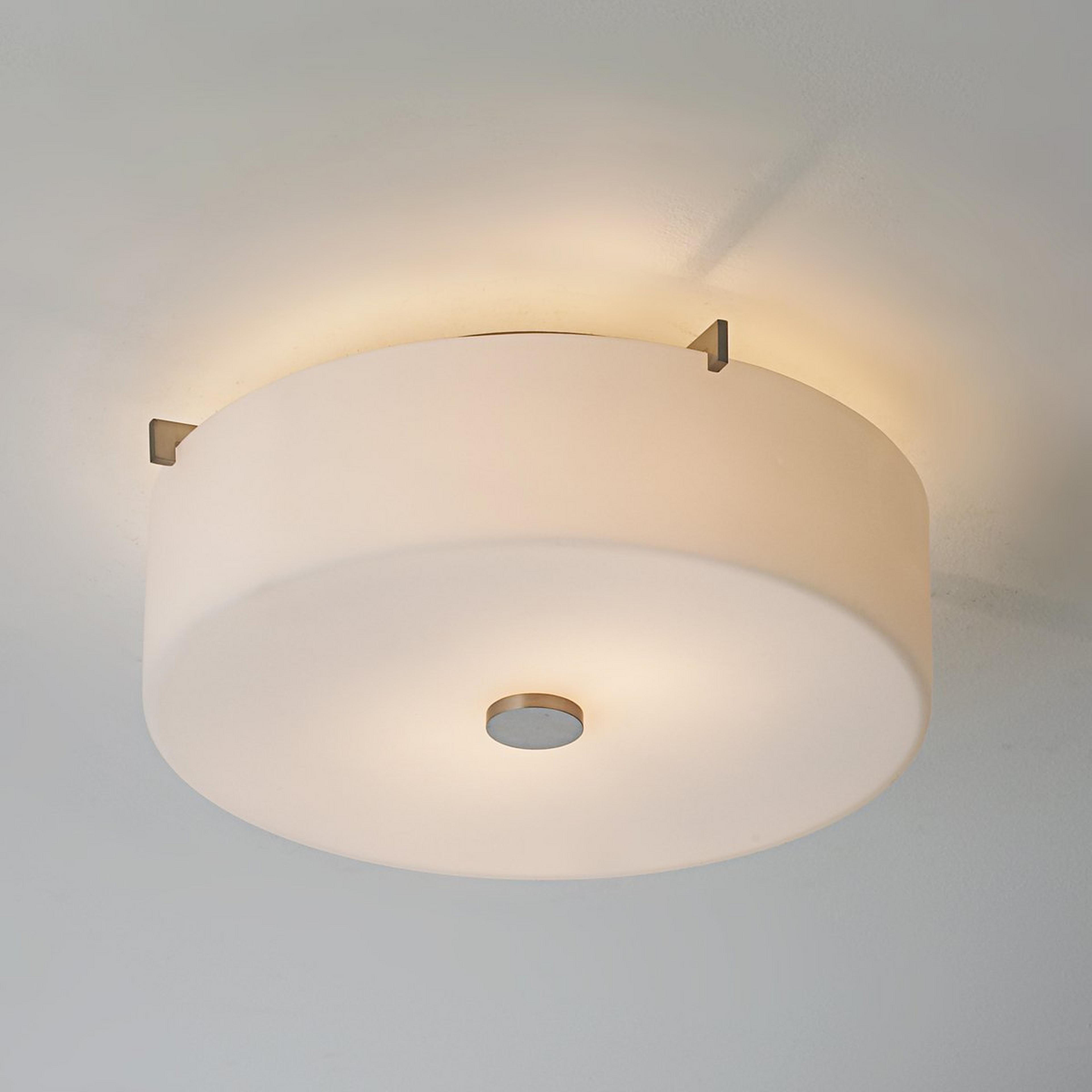 A White Glass Drum Ceiling Light with Brushed Steel color