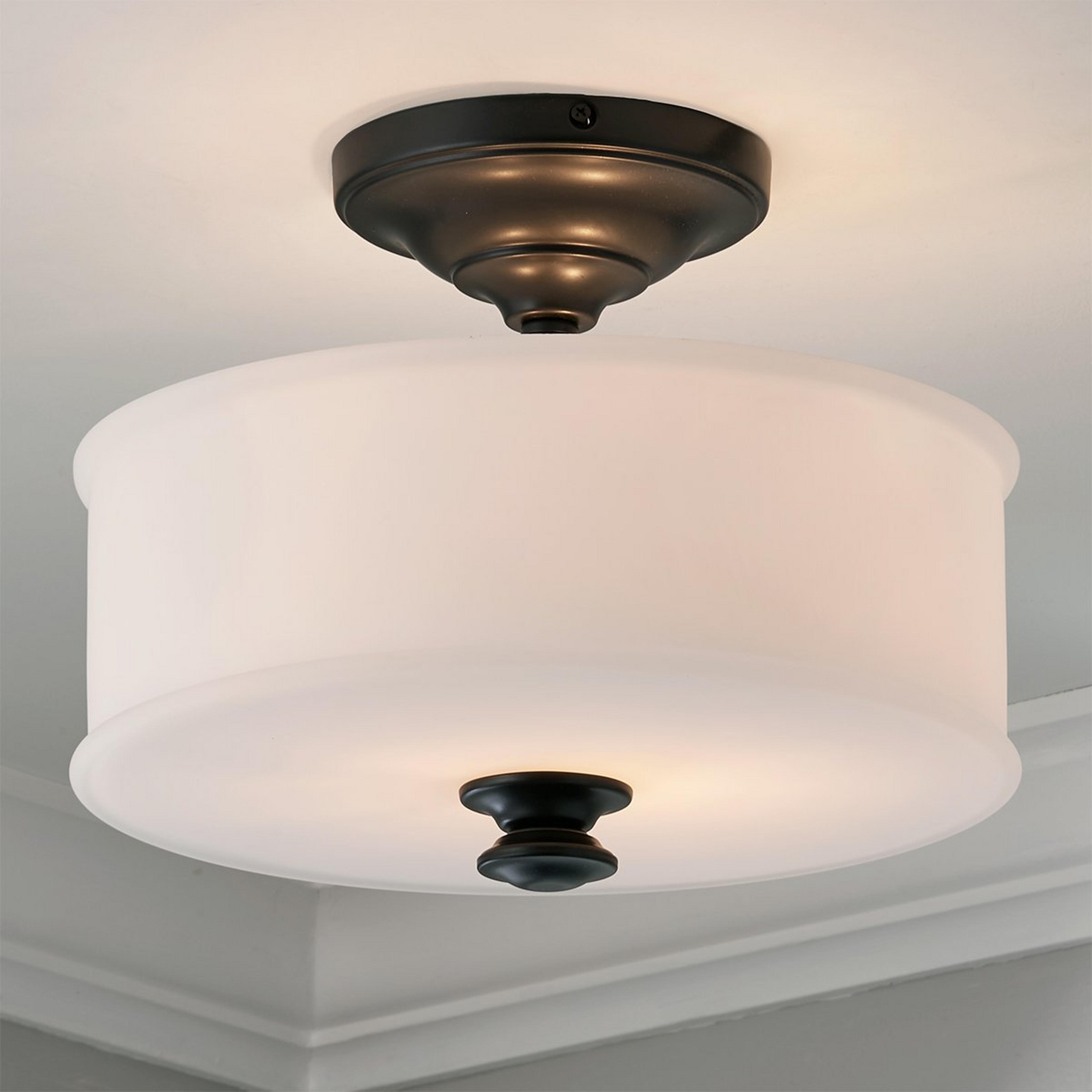 A Traditional Urban Drum Glass Semi-Flush Ceiling Light with Black / White Glass color