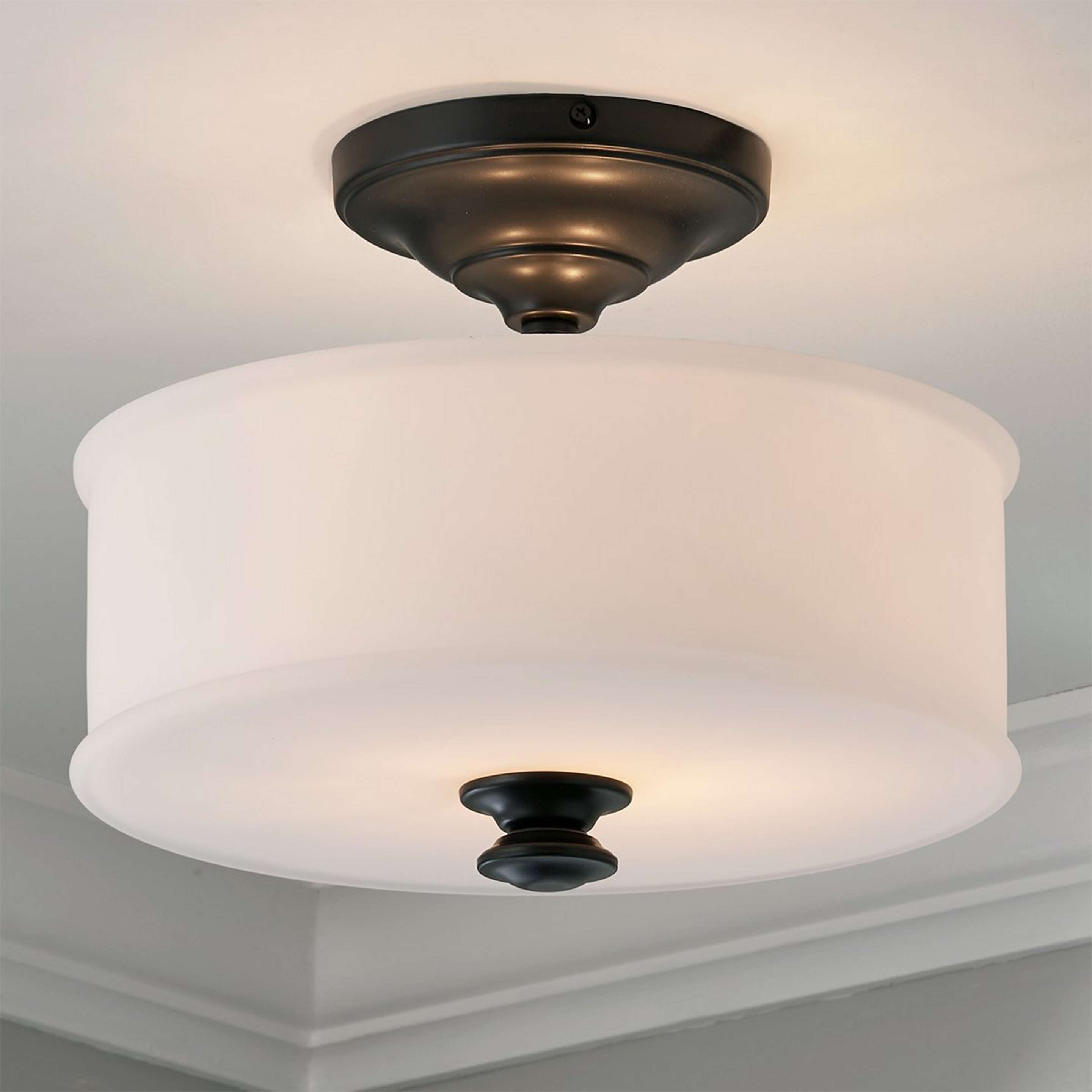 A Traditional Urban Drum Glass Semi-Flush Ceiling Light with Black / White Glass color