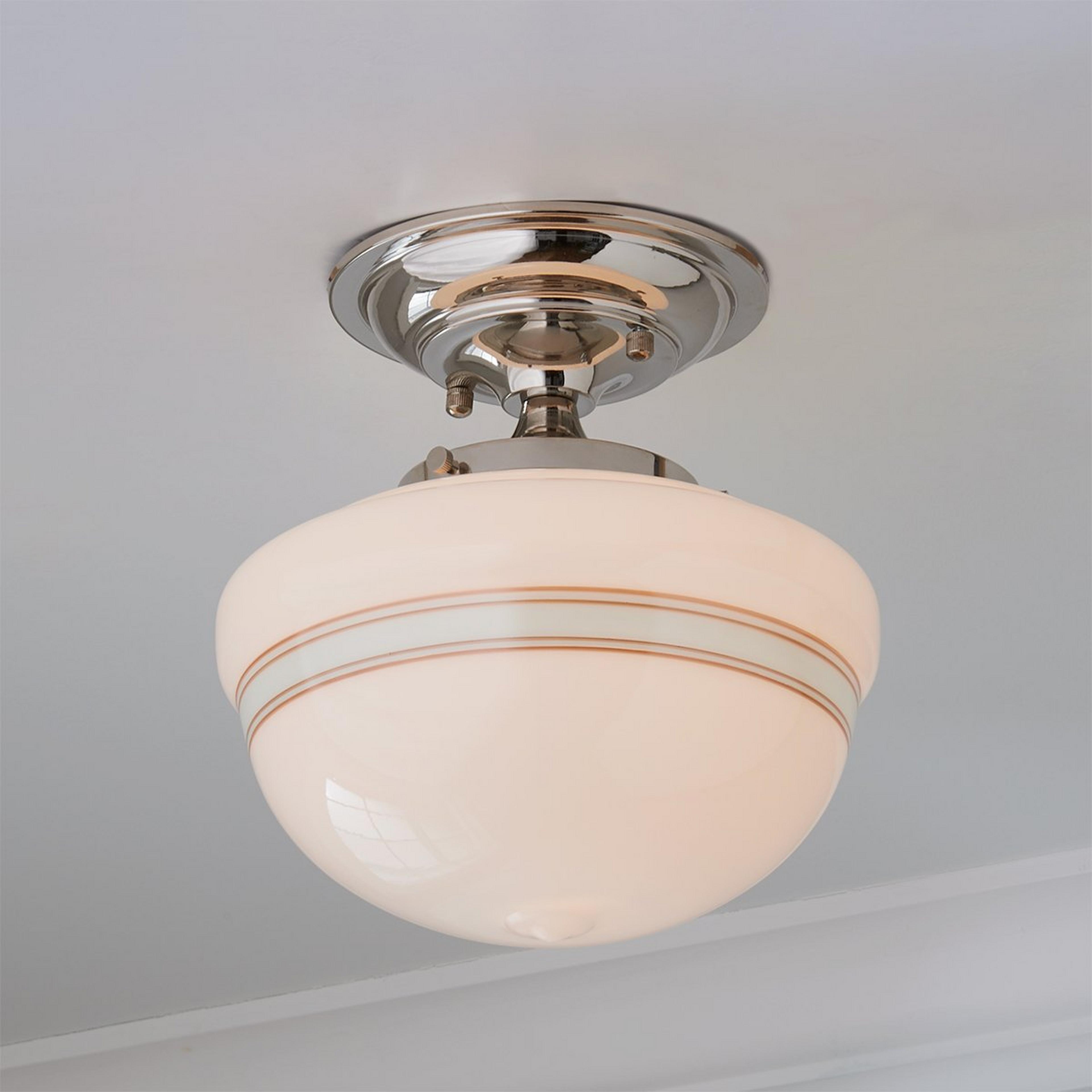 A Striped Schoolhouse Semi-Flush Ceiling Light with Polished Nickel / Spa Blue color