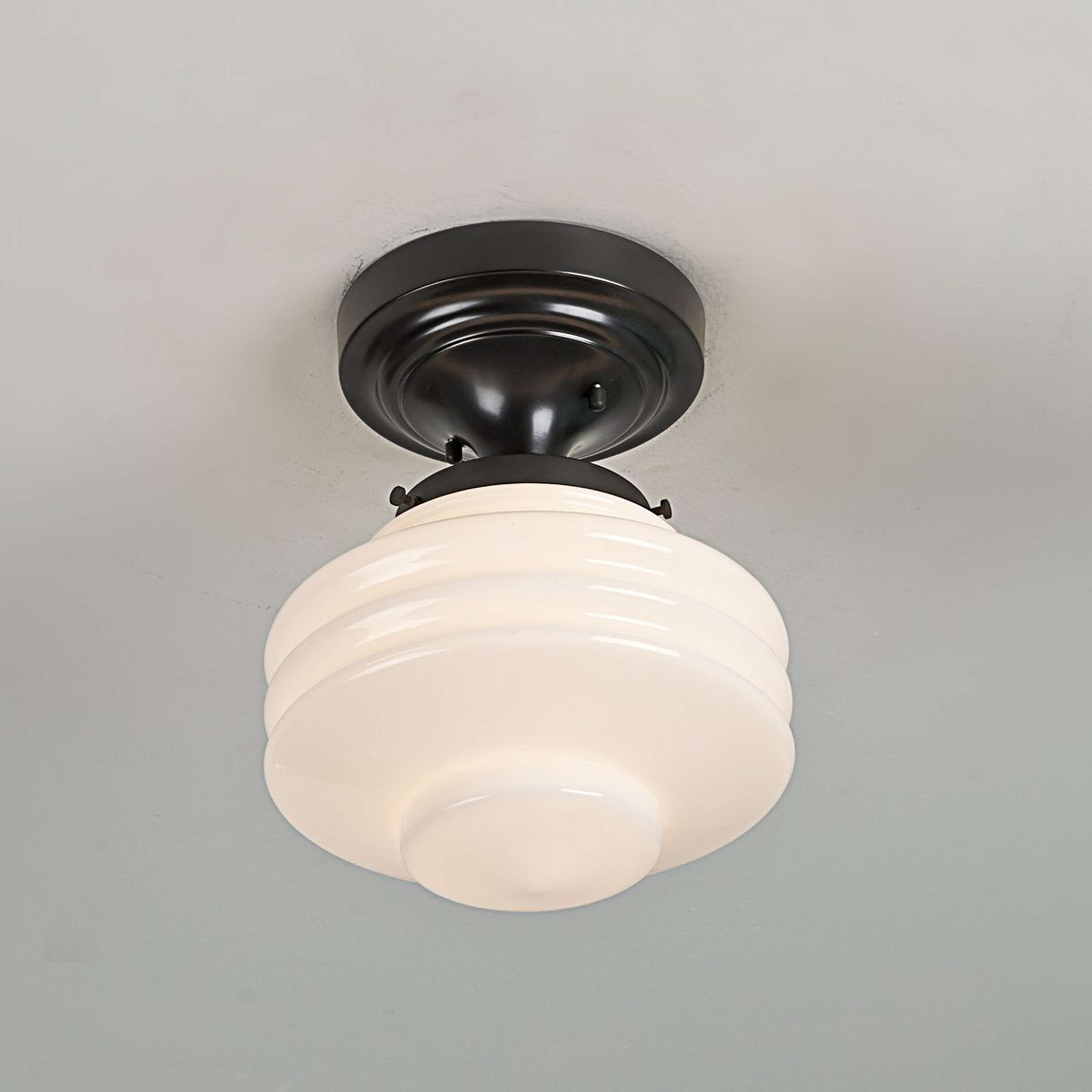 A Art Deco White Glass Semi-Flush Ceiling Light with Bronze color