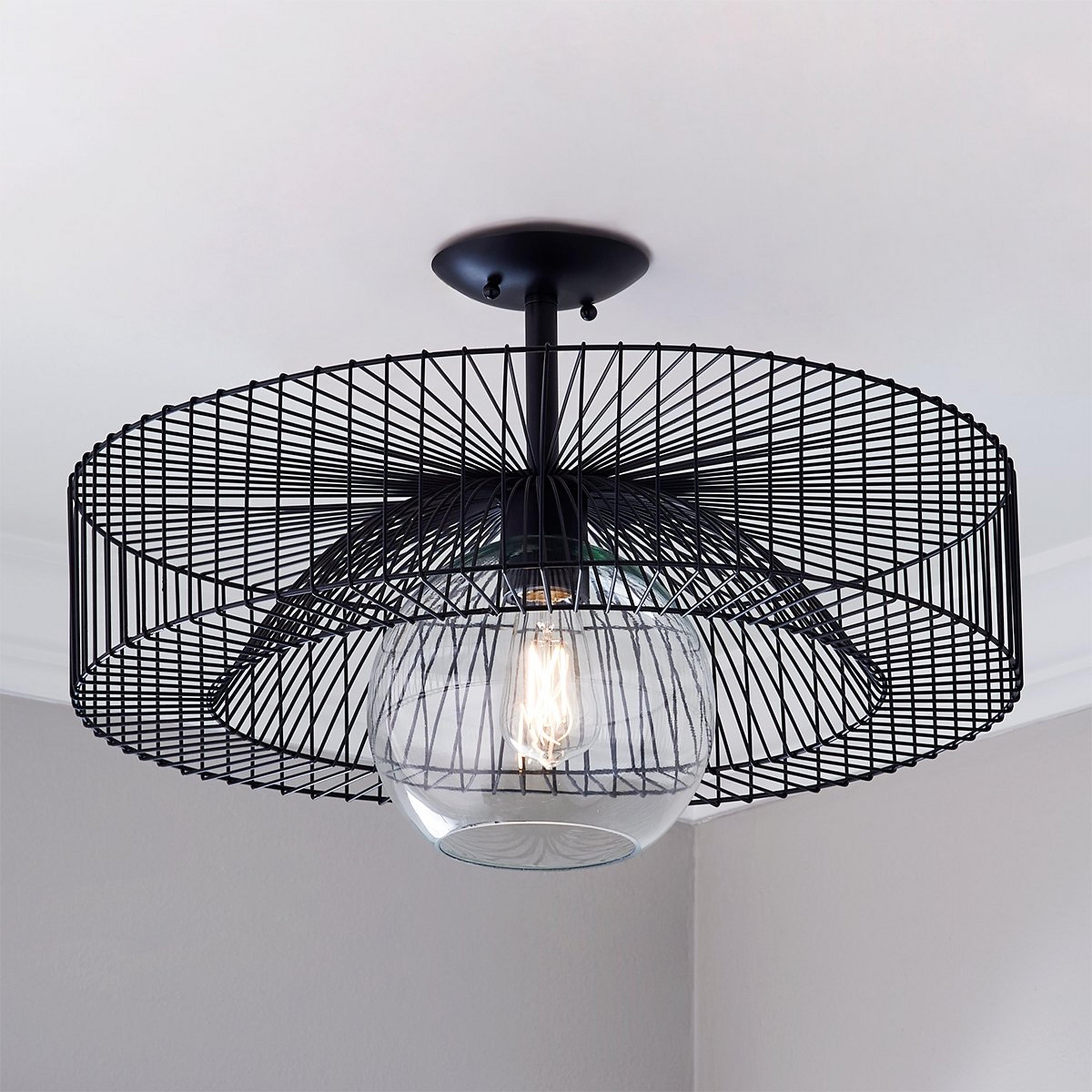 A Wire Wheel Semi-Flush Ceiling Light with Black / Clear Glass color