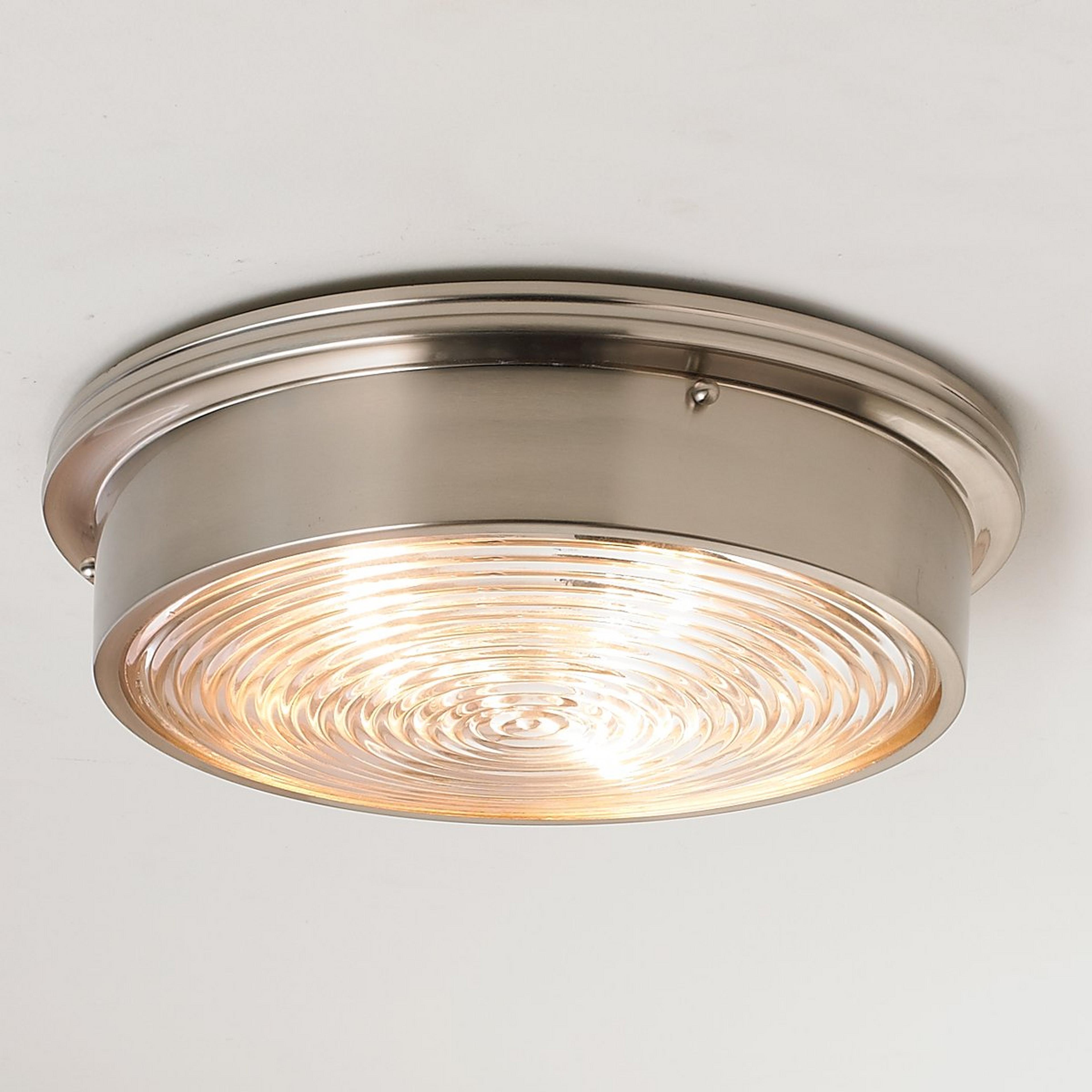 A Retro Fresnel Glass Ceiling Light with Brushed Nickel color