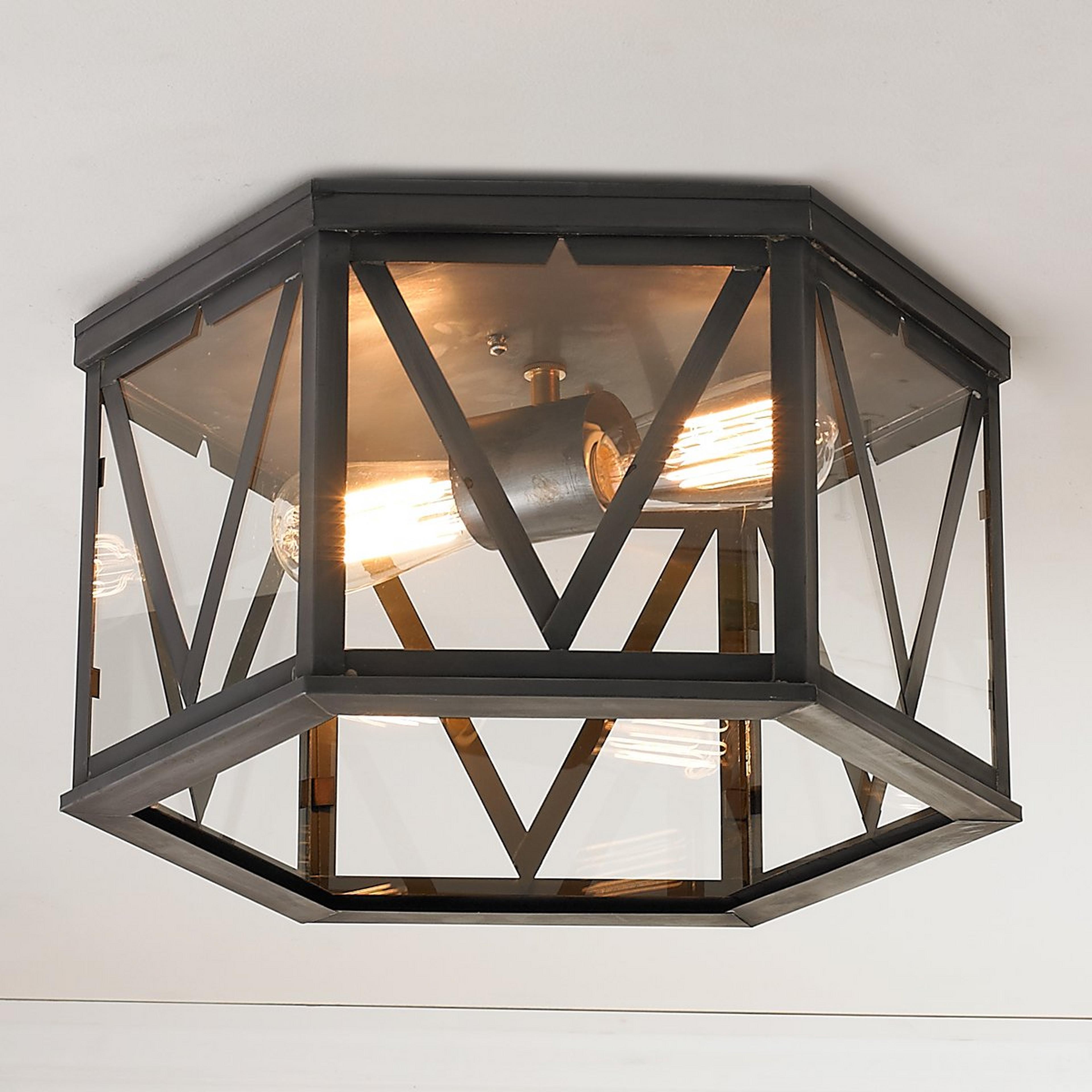 A Craftsman Hexagon Ceiling Light with Darkened Copper / Clear Glass  color