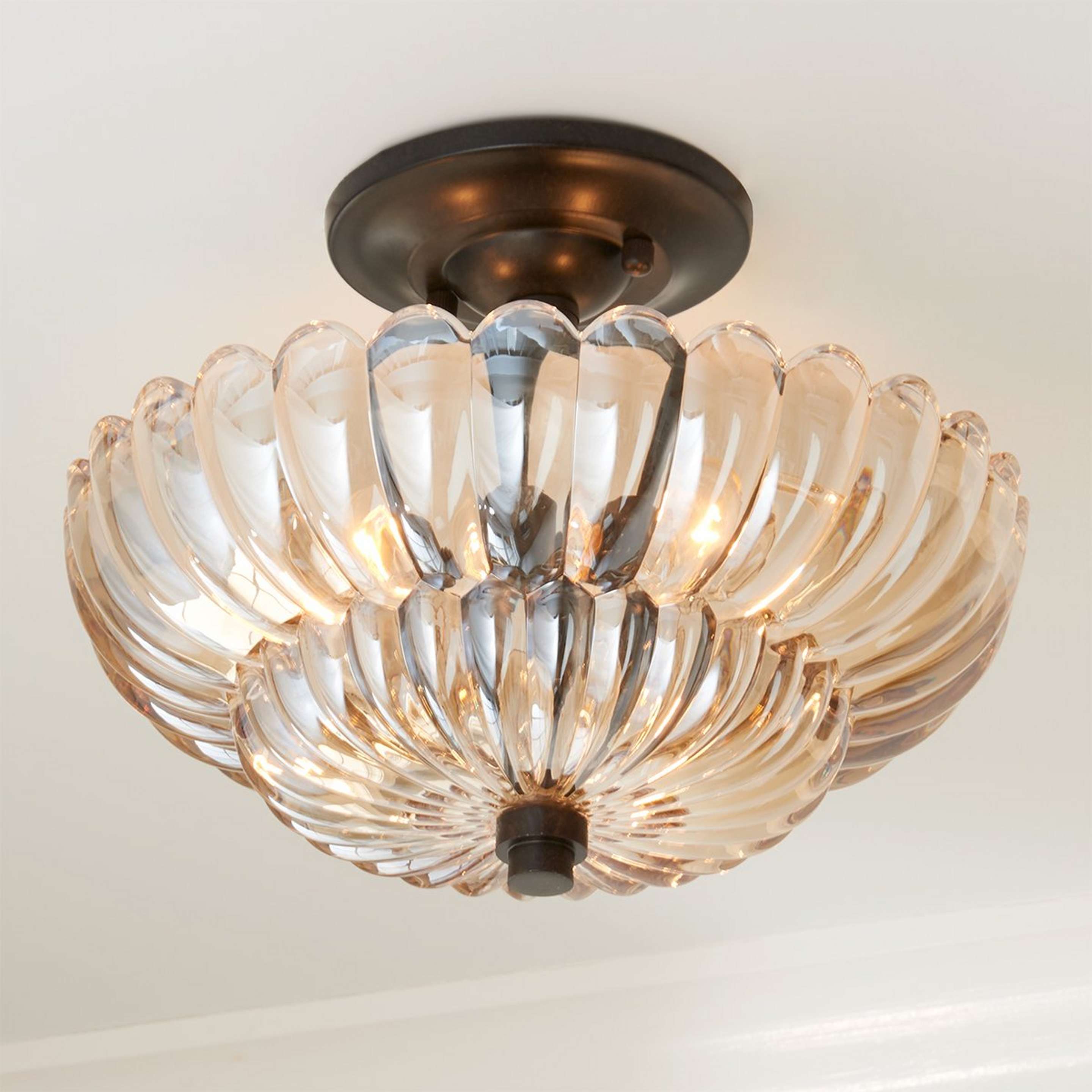 A Scalloped Amber Glass Semi-Flush Ceiling Light - Small with Mottled Bronze / Amber color