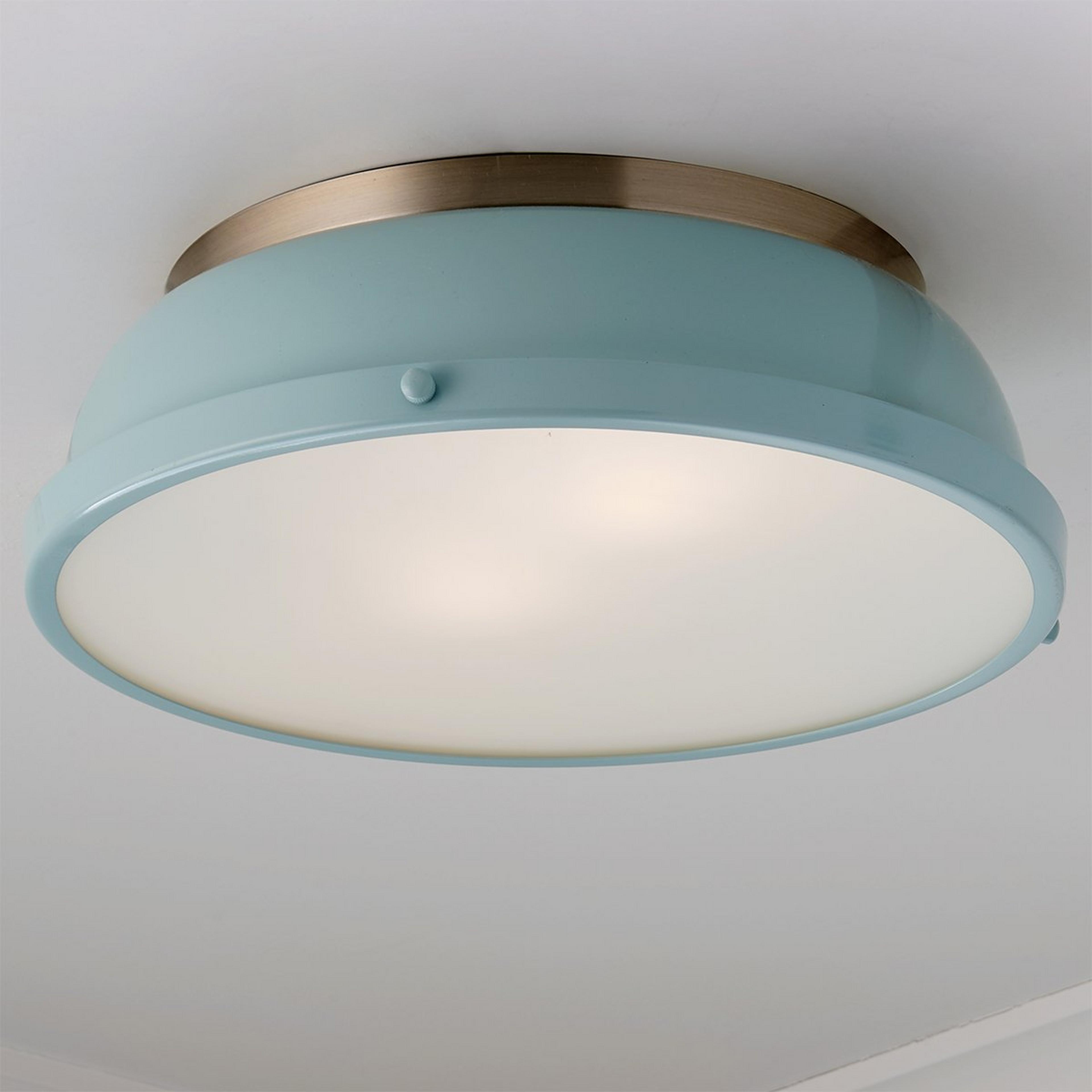 A Classic Dome Enameled Ceiling Light with Aged Brass / Seafoam color
