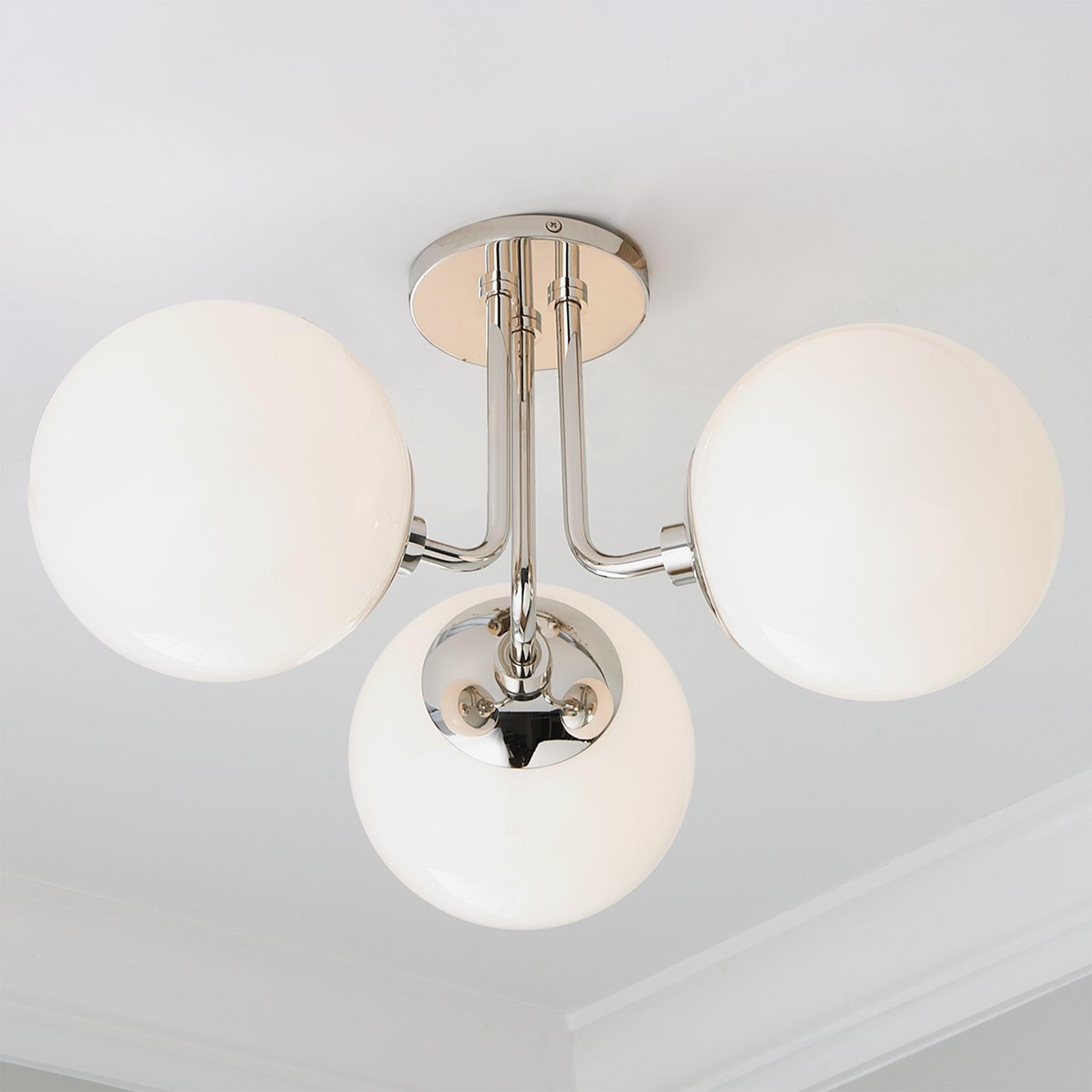 A Minimalist Globe Semi-Flush Ceiling Light - 3 Light with Polished Nickel / White Glass color