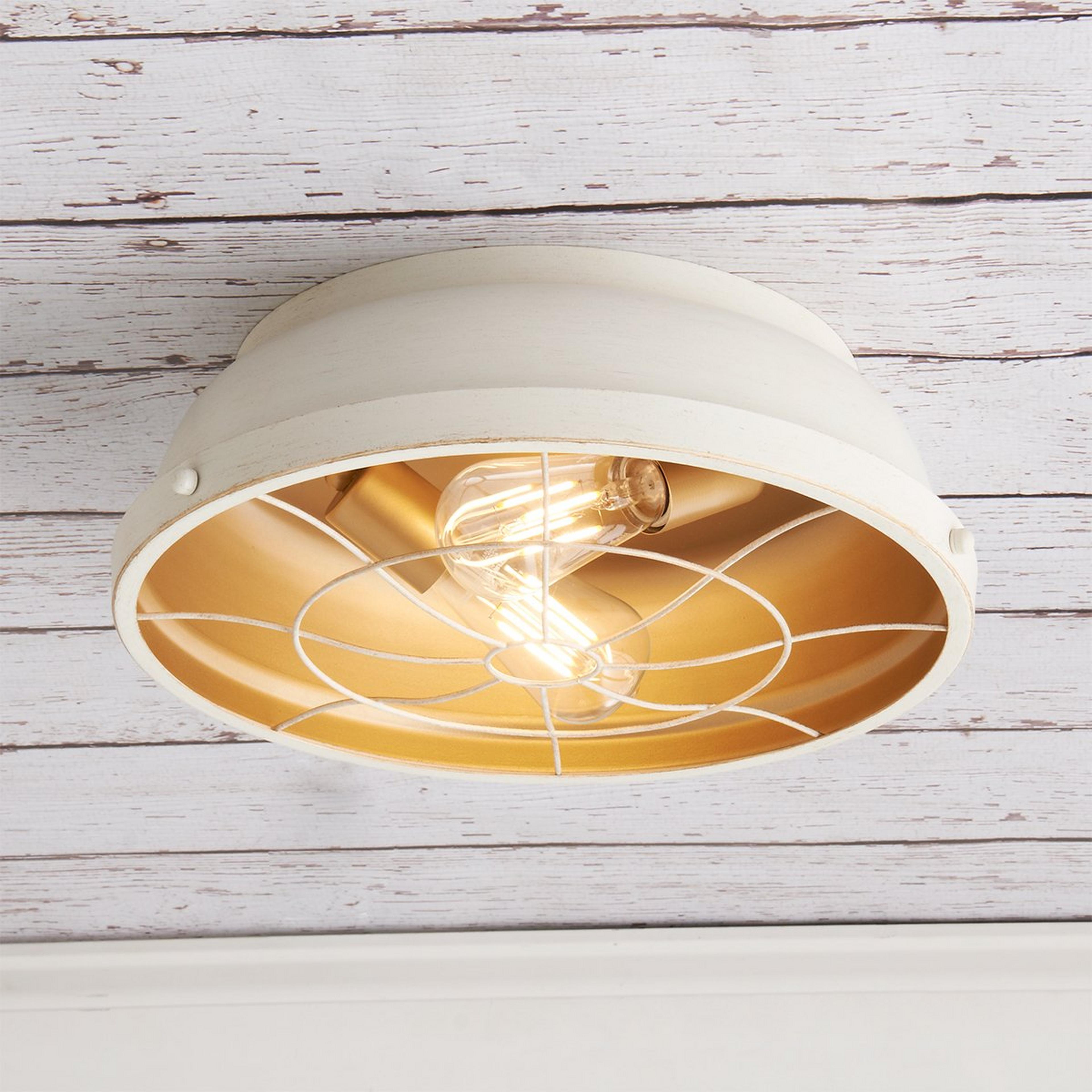 A Weathered Industrial Caged Ceiling Light with French White / Gold color