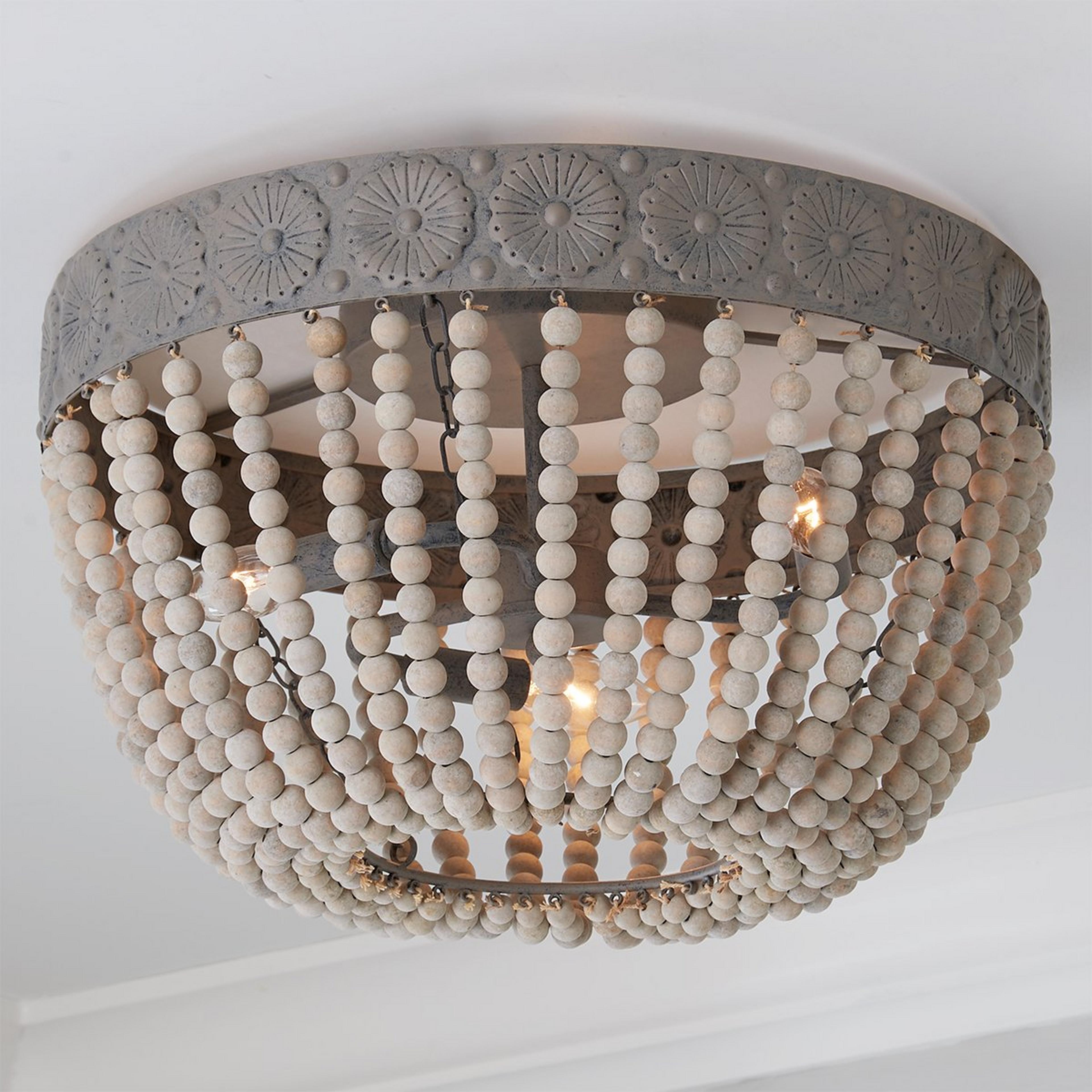 A Aged Wood Beaded Ceiling Light with Distressed Gray Wash color