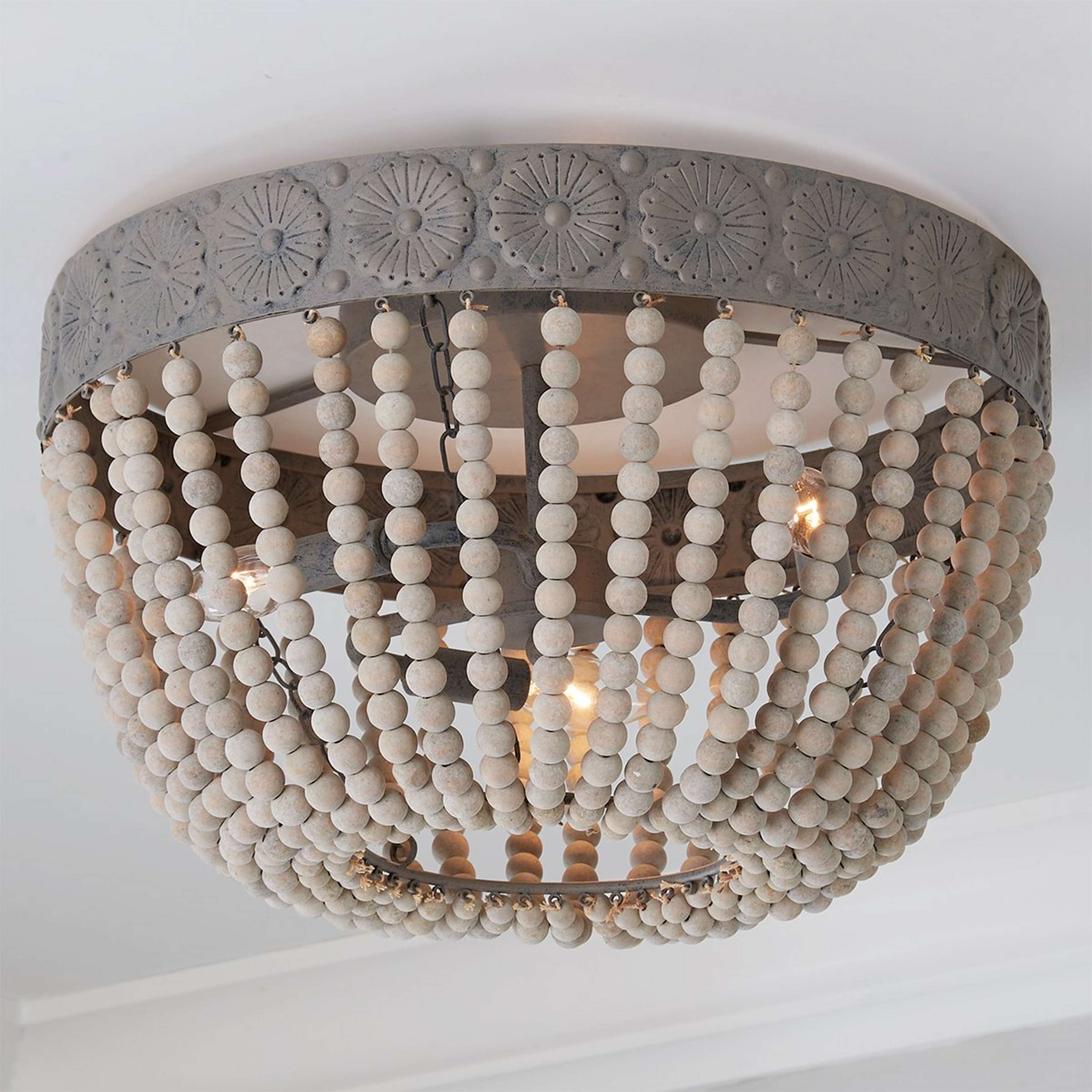 A Aged Wood Beaded Ceiling Light with Distressed Gray Wash color
