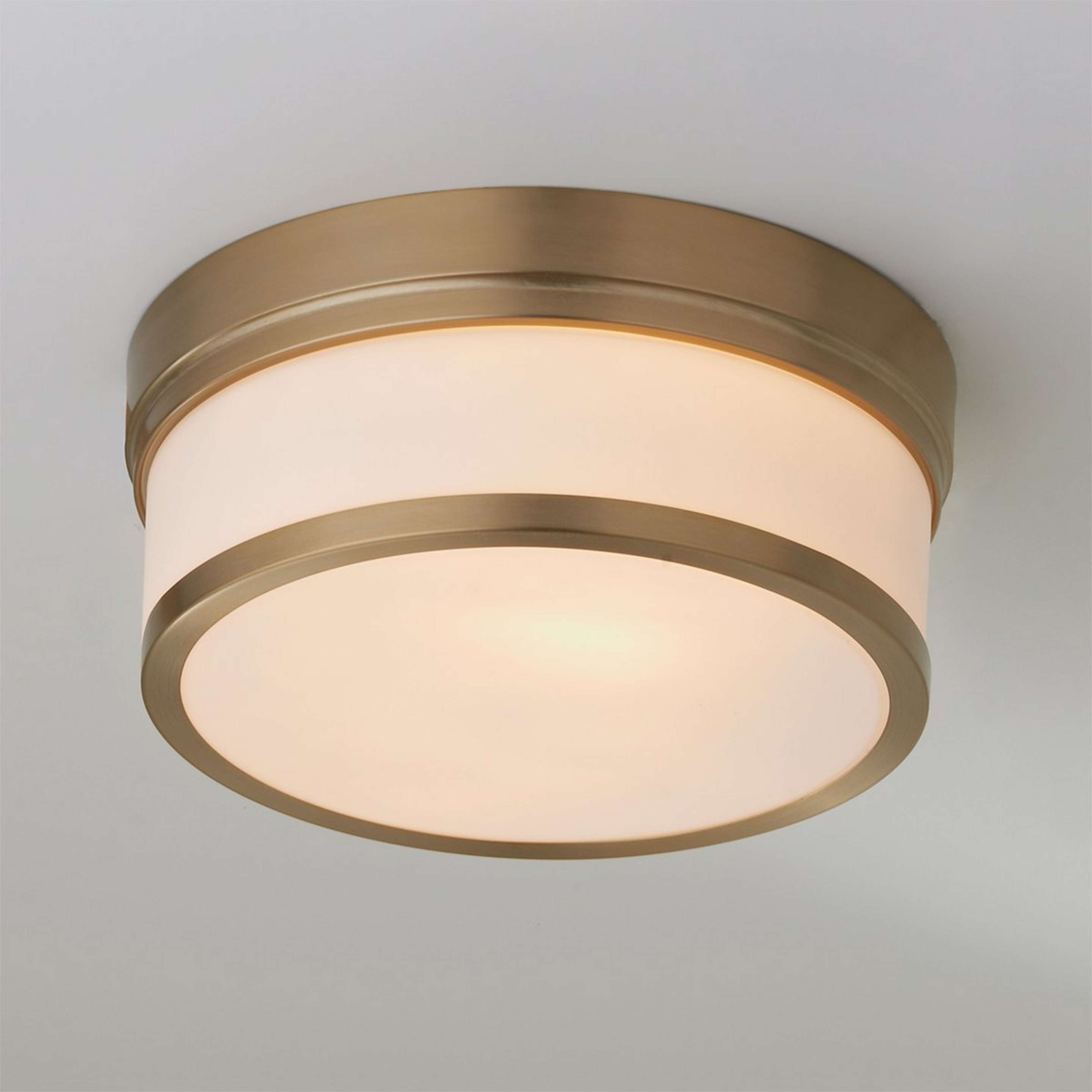 A Metallic Banded Drum Ceiling Light - 2 Light with Aged Brass / Satin Opal color
