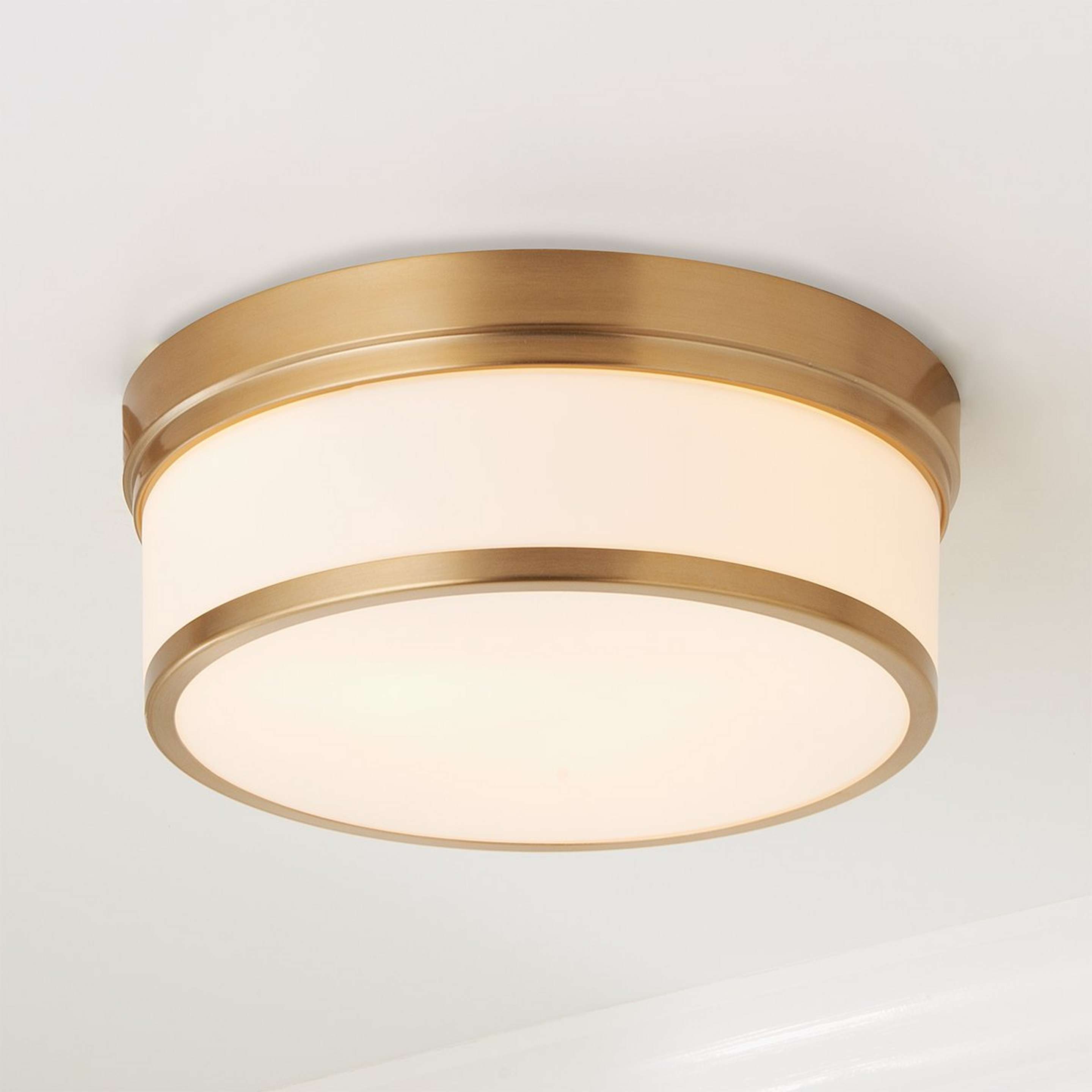 A Metallic Banded Drum Ceiling Light - 3 Light with Aged Brass / Satin Opal color